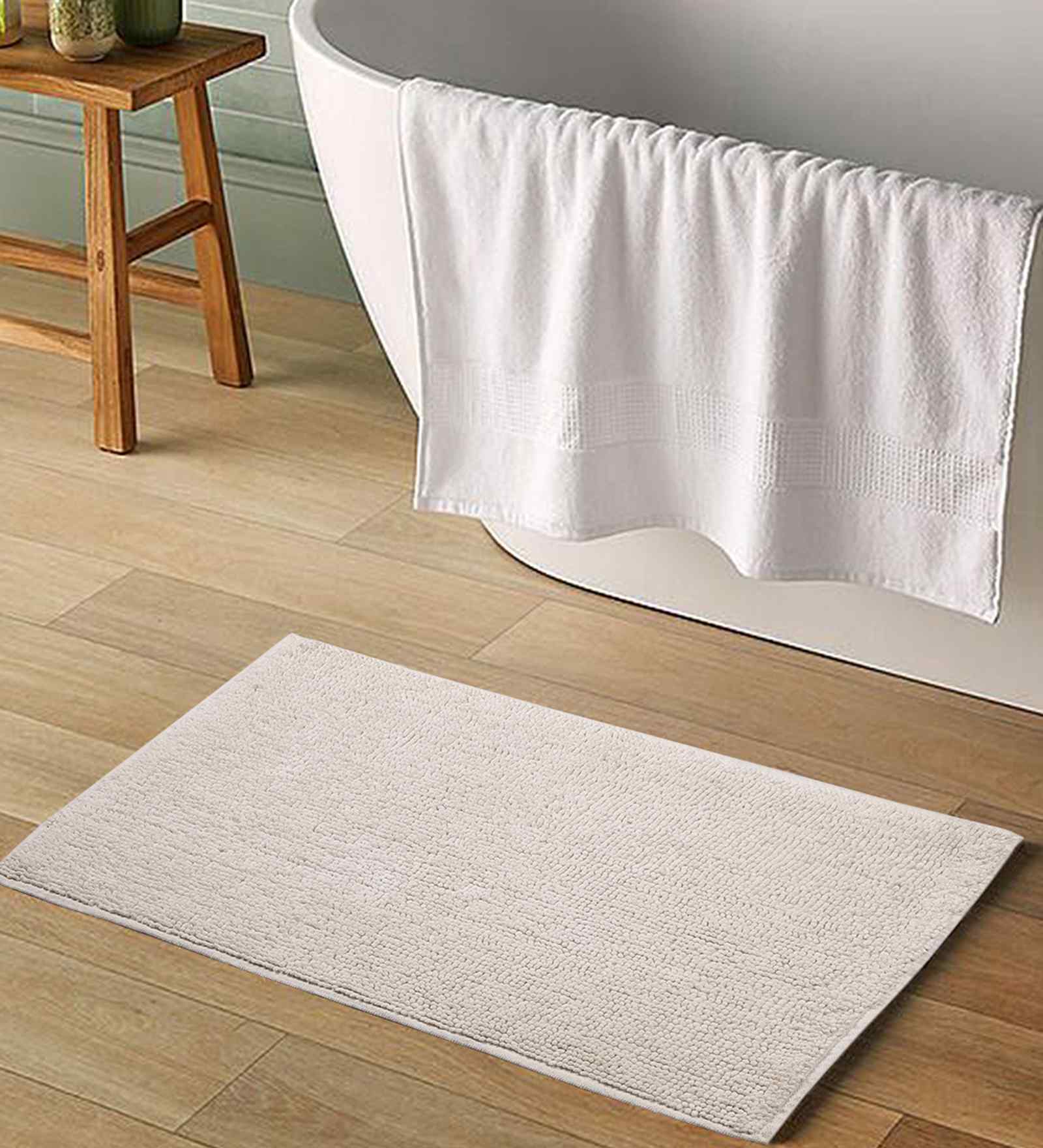 Cream Solid Chenille Cotton 32x20 Inches Anti Skid Door Mat