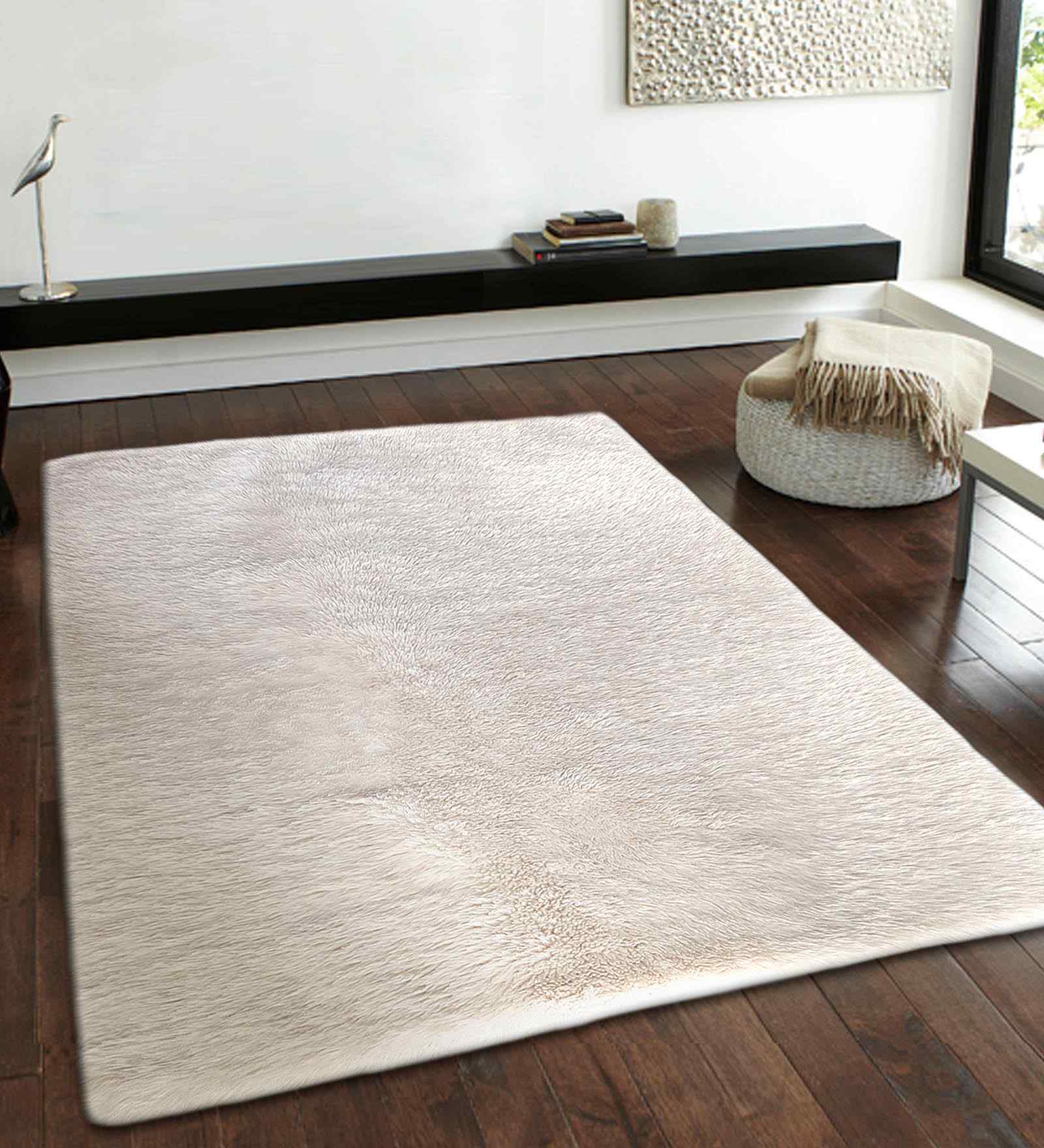 Cream Solid Polyester 4x6 Feet Machine Made Carpet