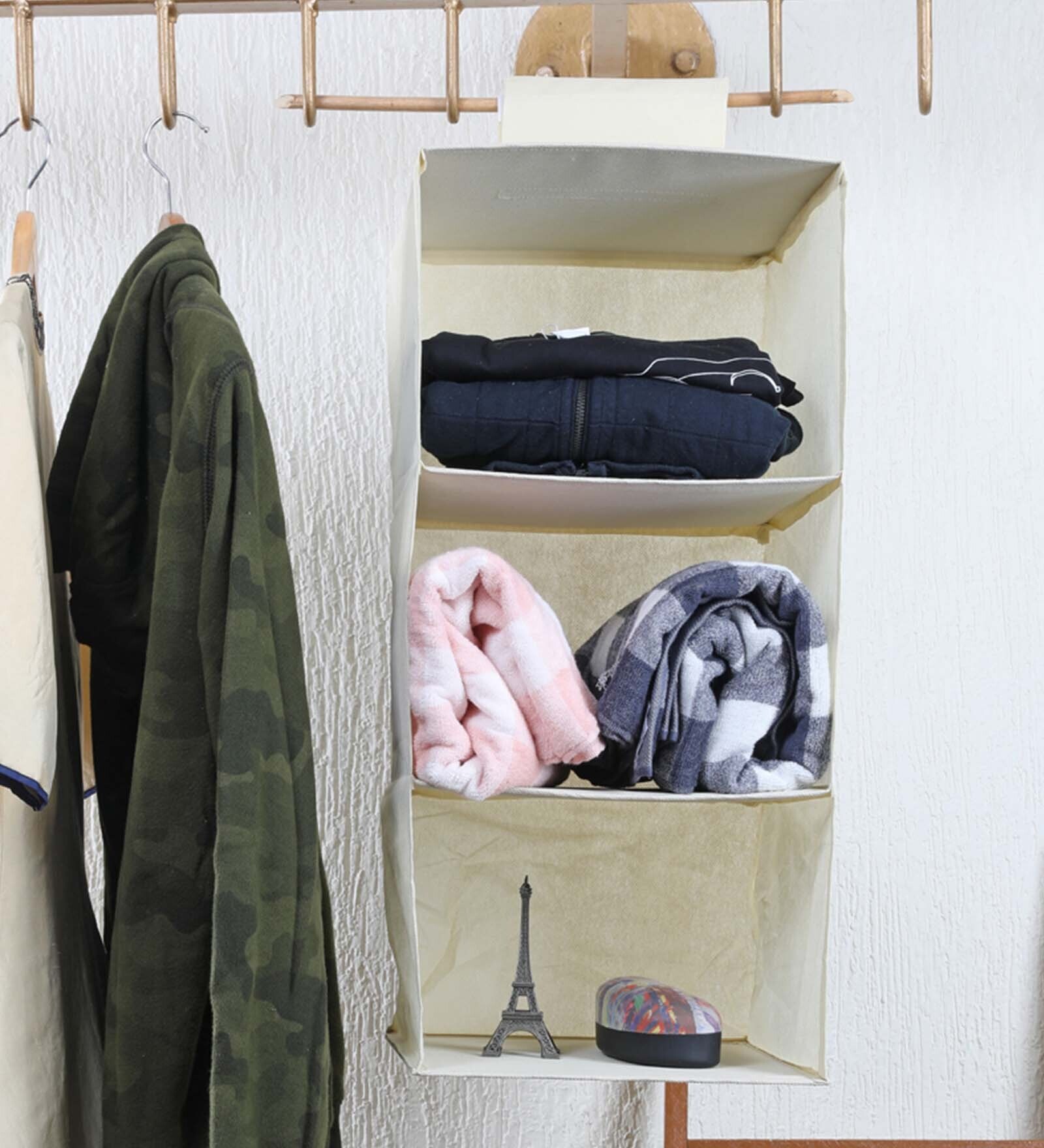 Cream Solid Polypropylene  Foldable Cupboard Hanging Cloth Organiser With 3 Shelves