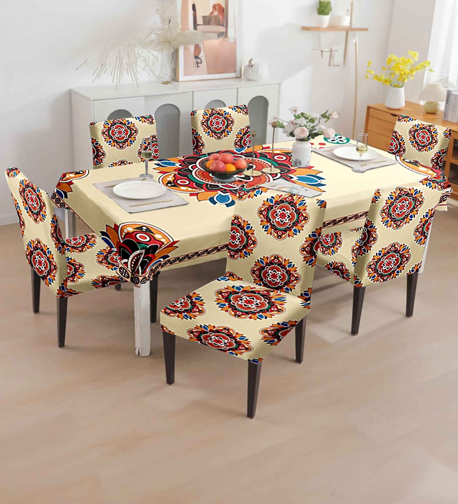 Buy Cream Solids 7 Pcs PVC & Spandex Table Cover With 6 Chair Cover at ...