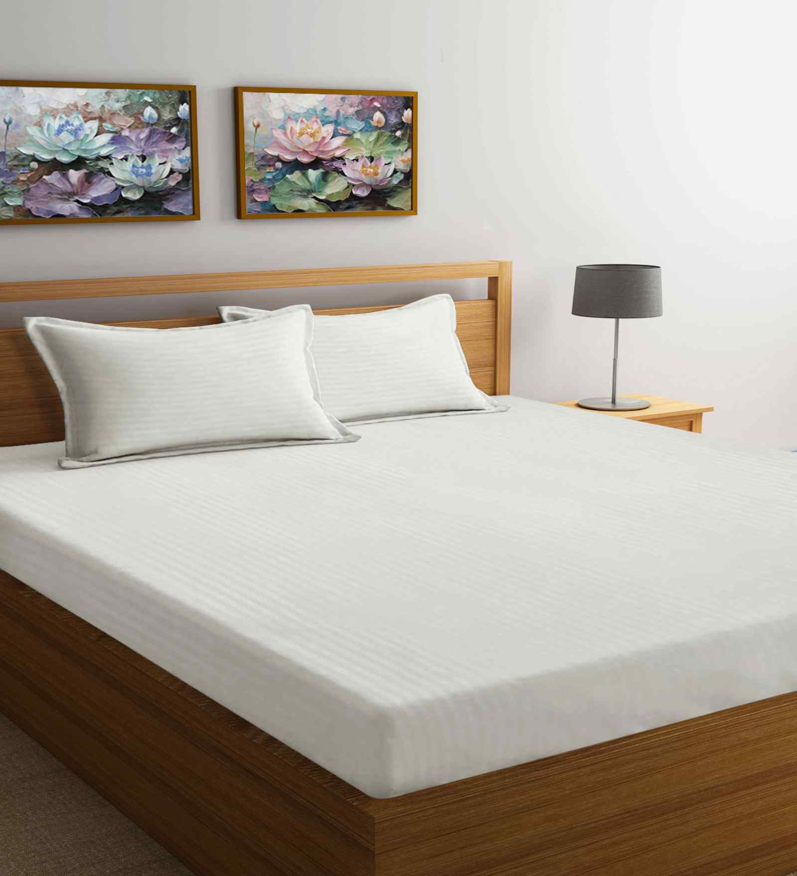 Cream Striped 300 TC Cotton Blend King Size Double Bedsheet with 2 Pillow Covers