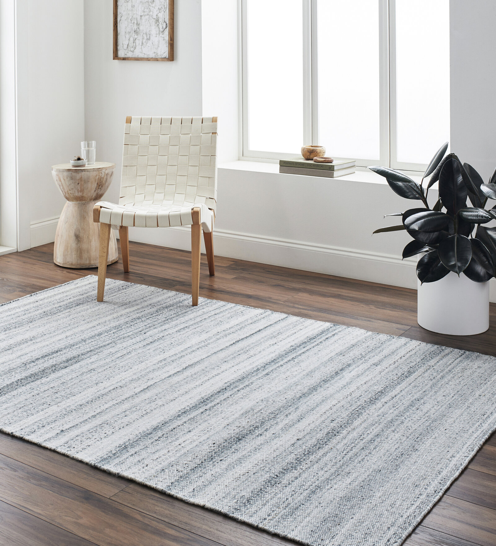 Cream Stripes Pet Yarn 8 ft x 10 ft Hand Woven Carpet