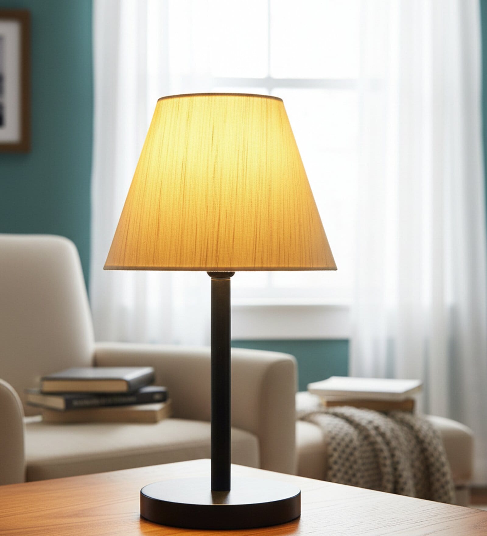 Cream Texture Fabric Shade Table Lamp, Minimalist Bedside Lamp with Metal Base for Bedroom, Living Room & Study