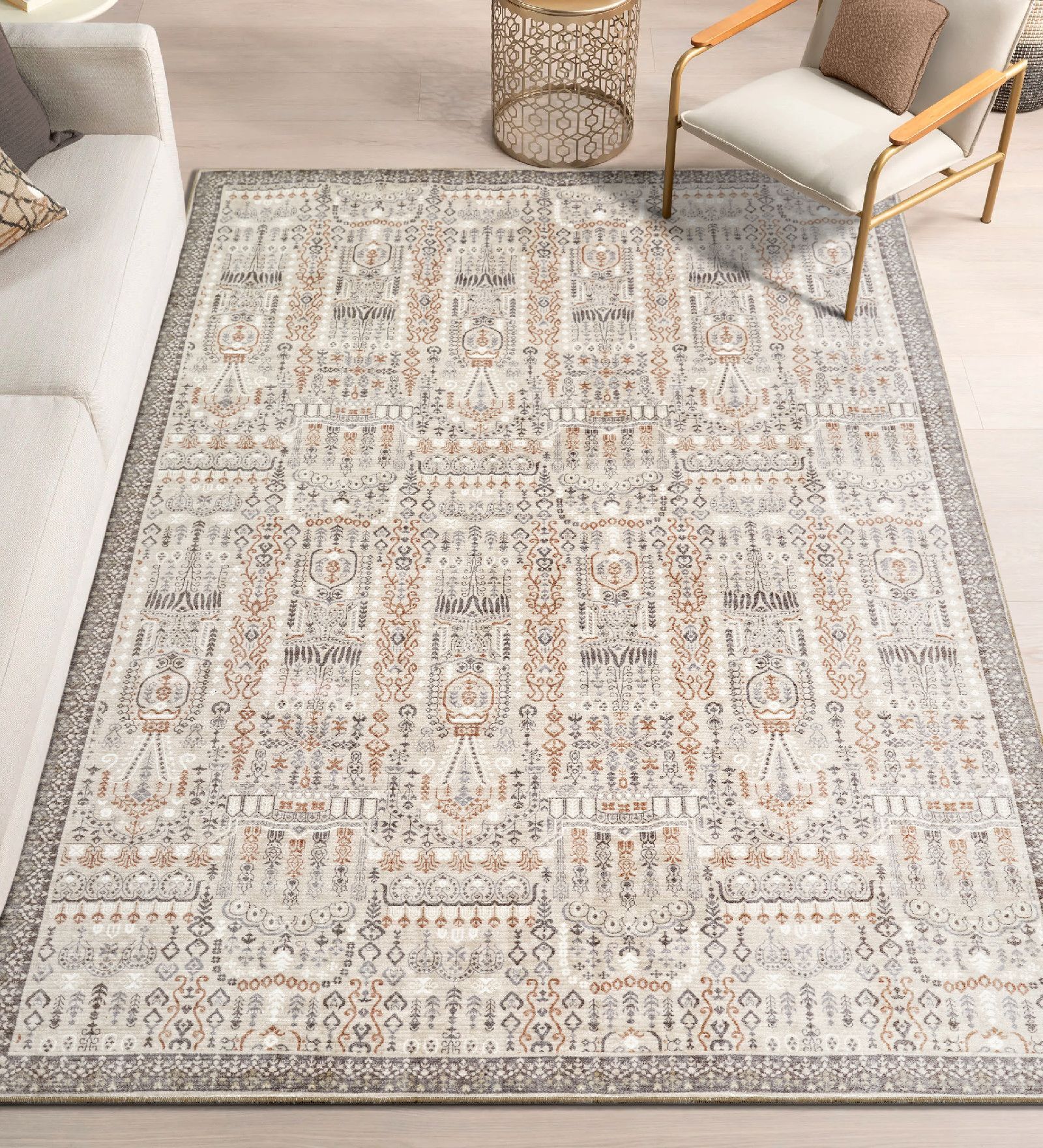 Cream Traditional Polyester 6 ft x 9 ft Machine Made Carpet