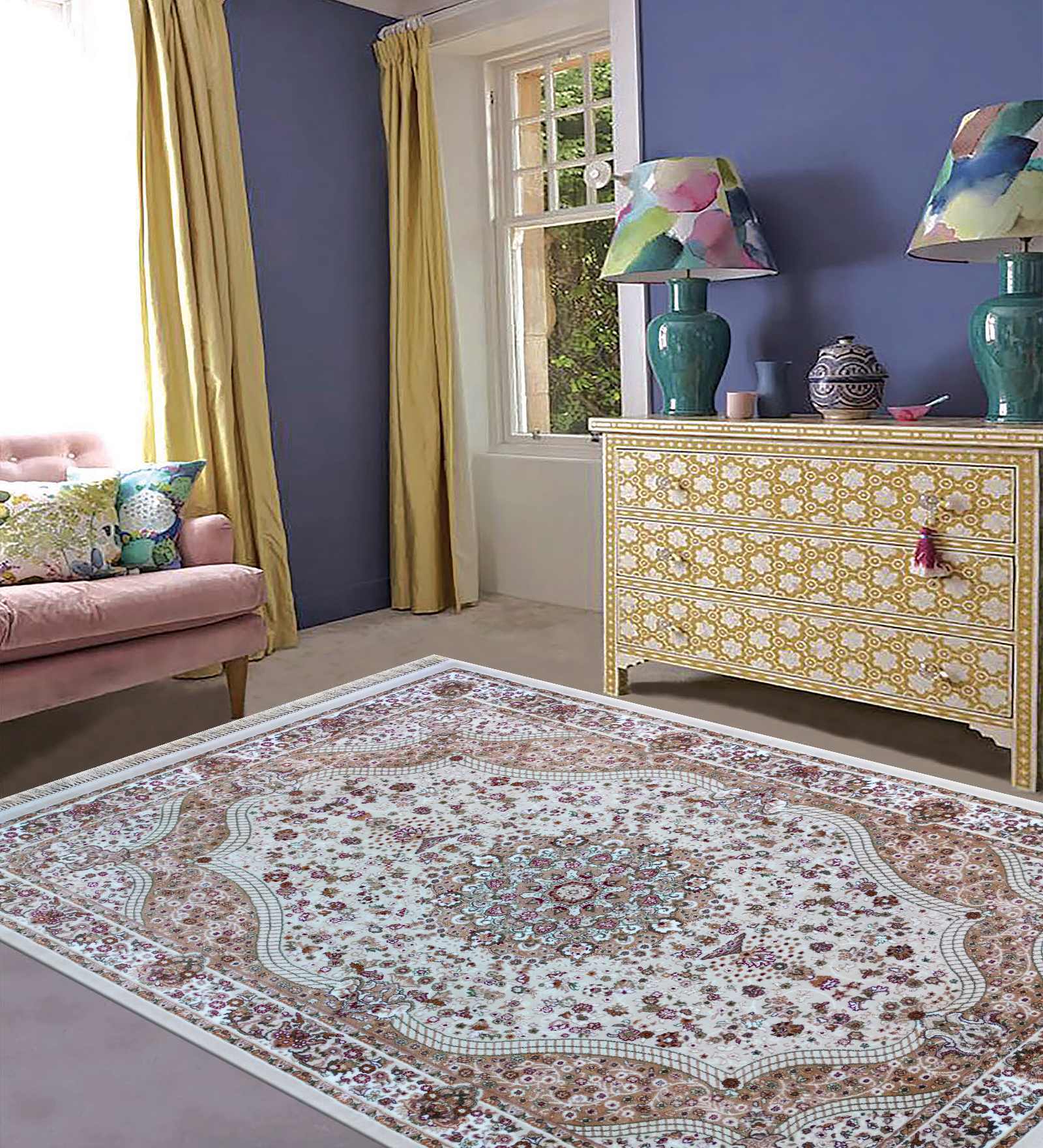Cream Traditional Polypropylene 6 ft x 9 ft Machine Made Carpet