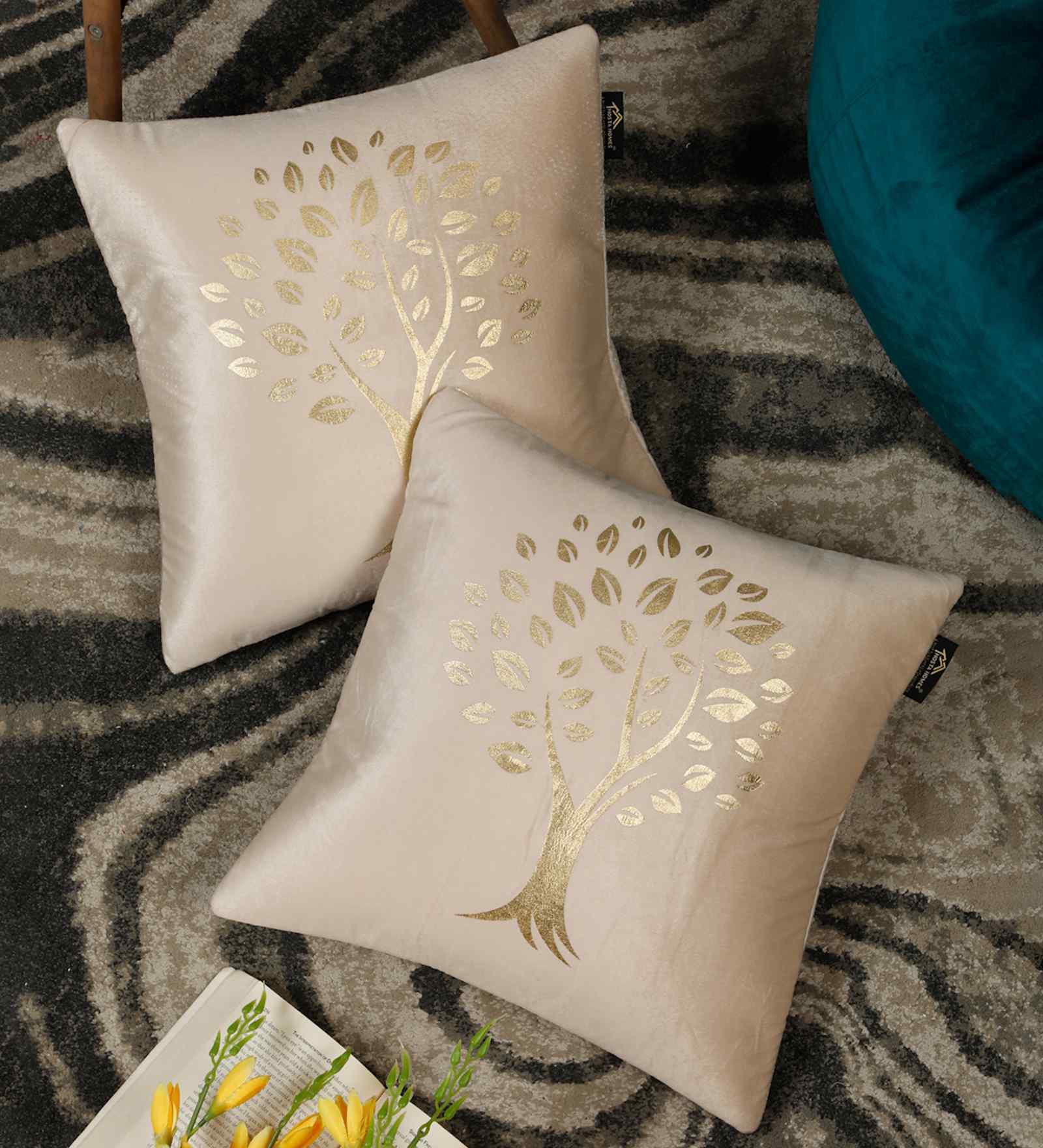 Cream Velvet Abstract 16X16 Inches Cushion Covers (Pack of 2)