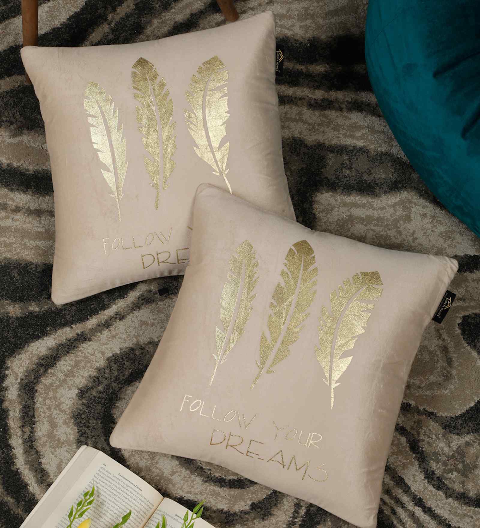 Cream Velvet Abstract 16X16 Inches Cushion Covers (Pack of 2)