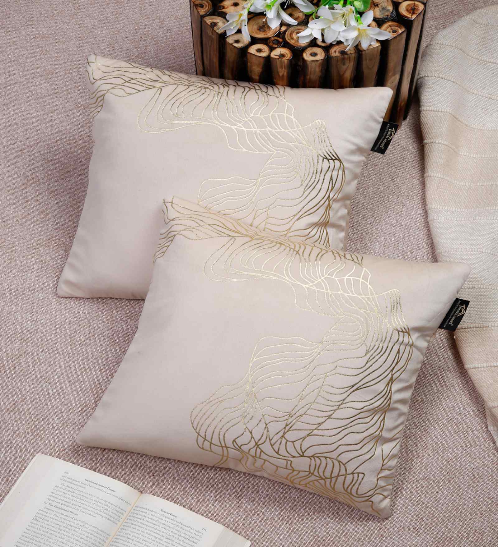 Cream Velvet Abstract 16X16 Inches Cushion Covers (Pack of 2)