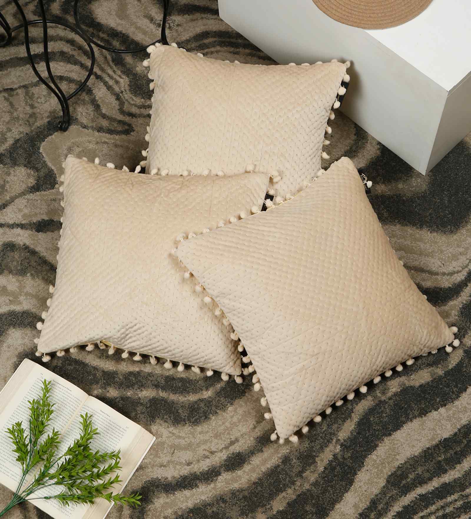 Cream Velvet Abstract 16X16 Inches Cushion Covers (3Pcs)