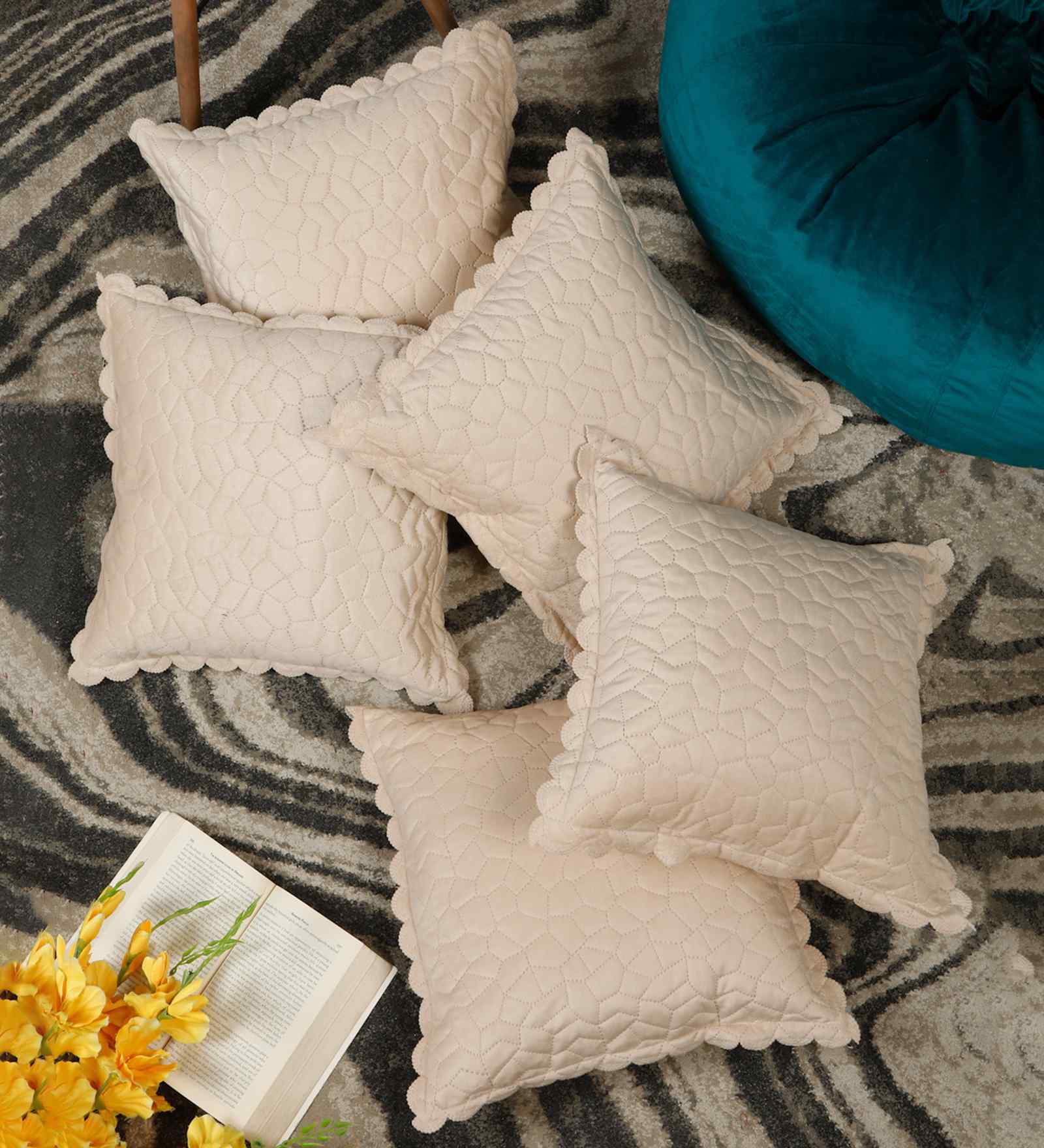 Cream Velvet Abstract 16X16 Inches Cushion Covers (Pack of 5)