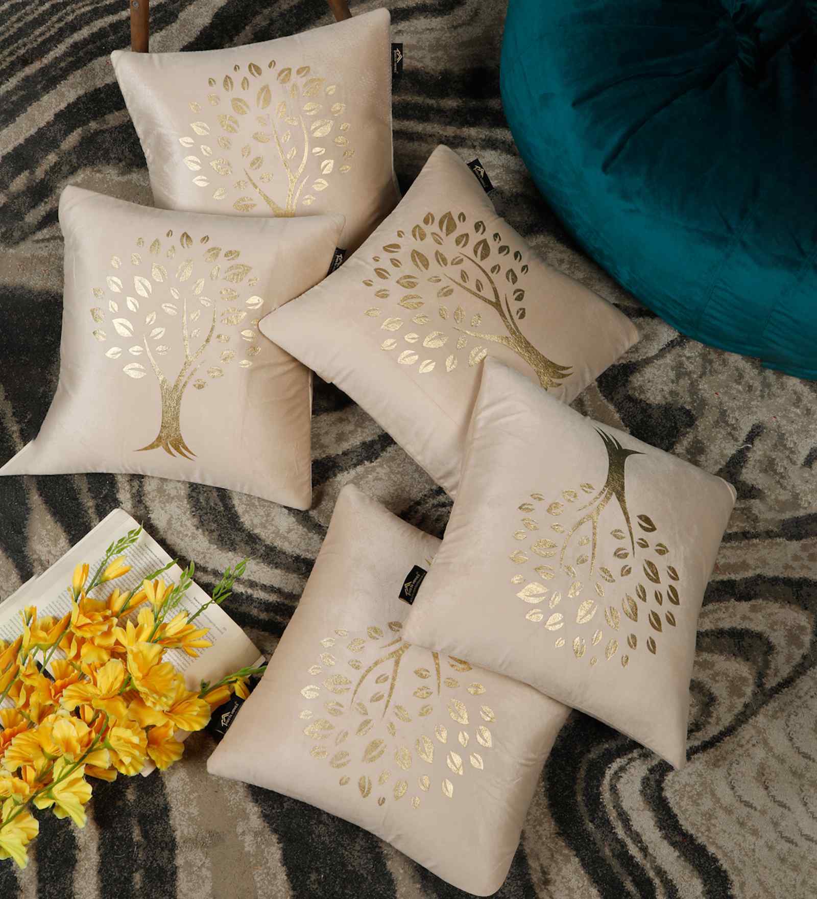Cream Velvet Abstract 16X16 Inches Cushion Covers (Pack of 5)