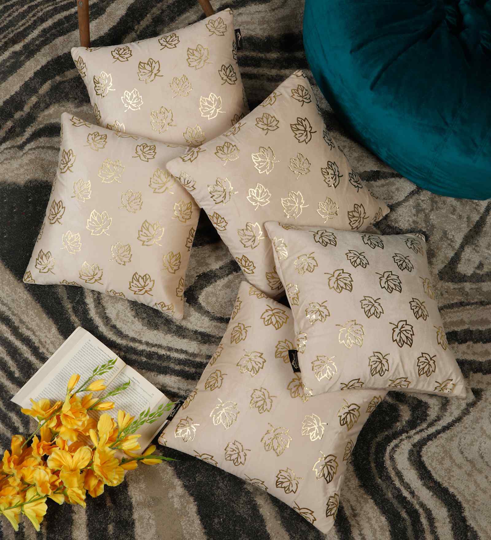 Cream Velvet Abstract 16X16 Inches Cushion Covers (Pack of 5)