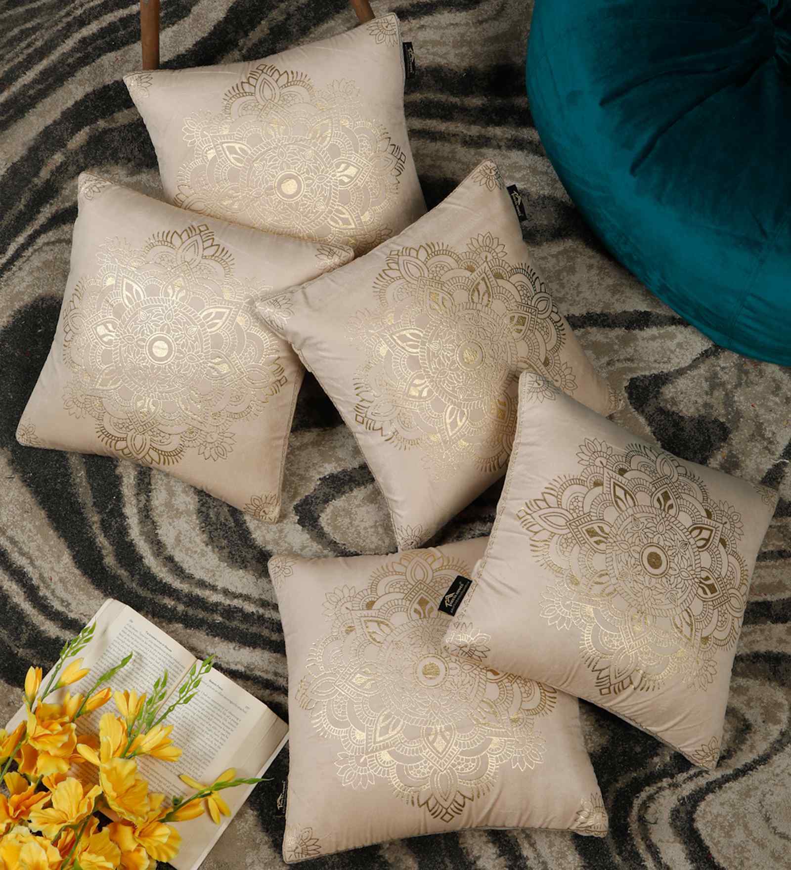 Cream Velvet Abstract 16X16 Inches Cushion Covers (5Pcs)