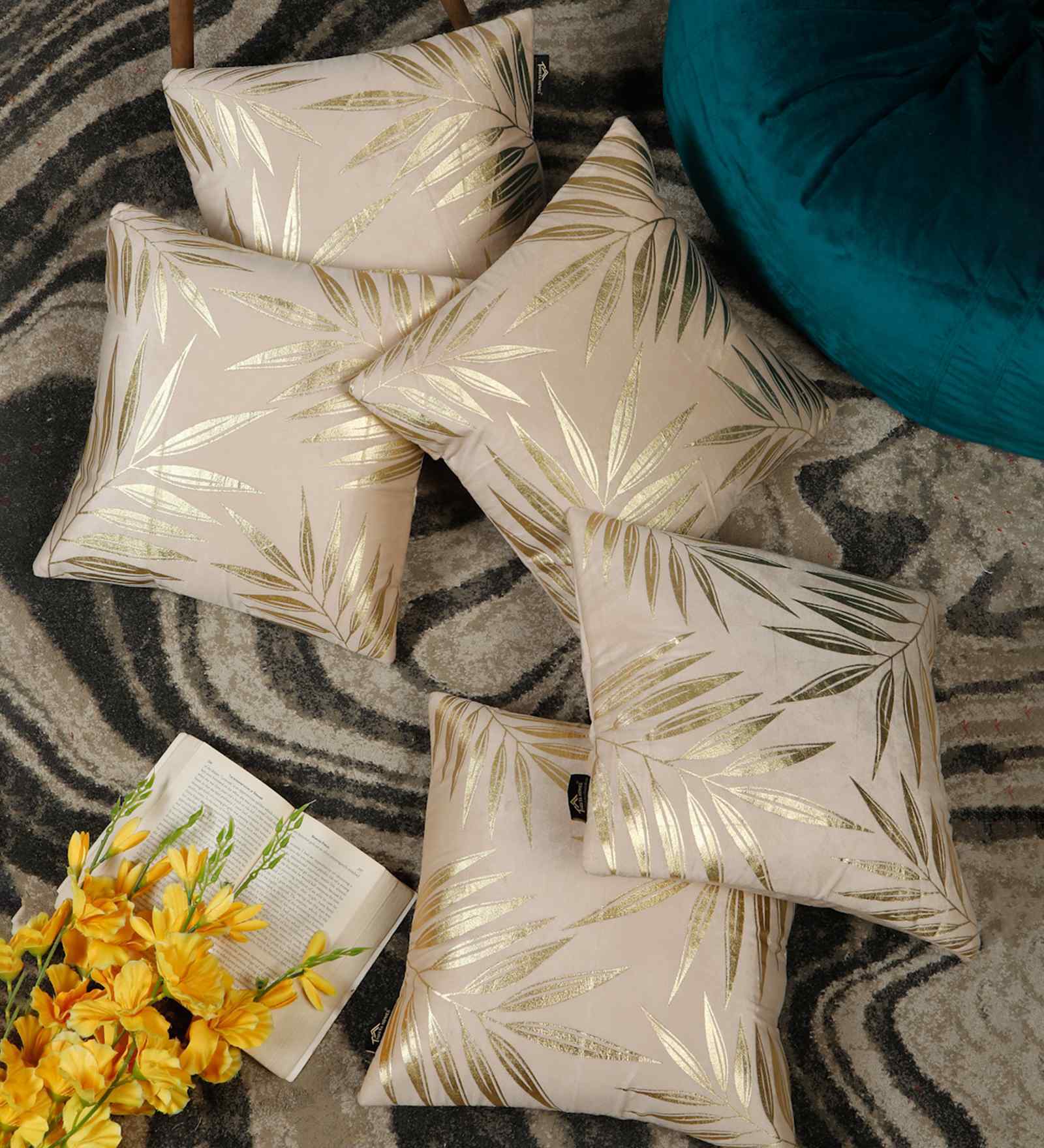 Cream Velvet Abstract 16X16 Inches Cushion Covers (Pack of 5)
