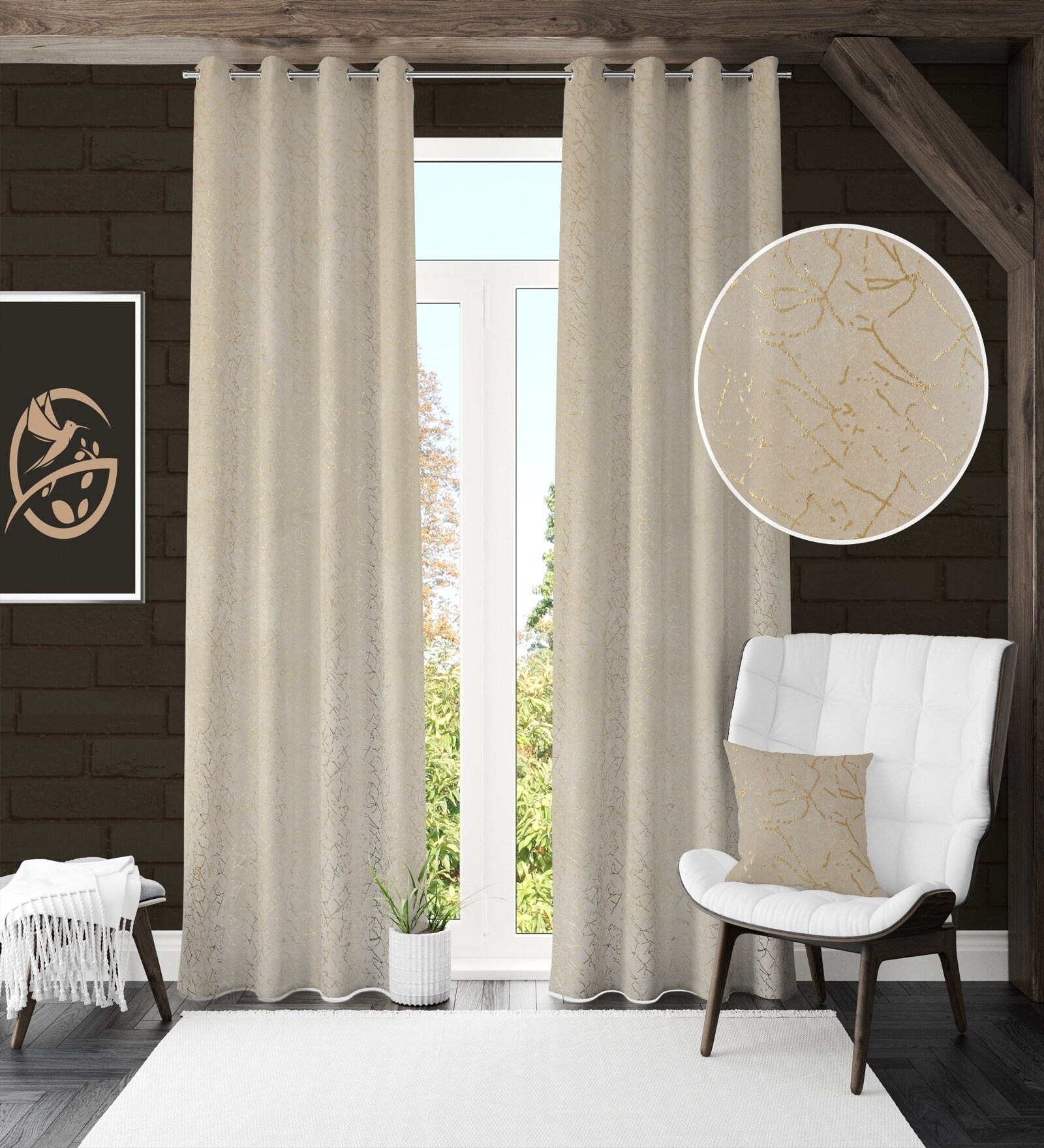 Cream Velvet Abstract 9 Foot Ring Top Door Curtain