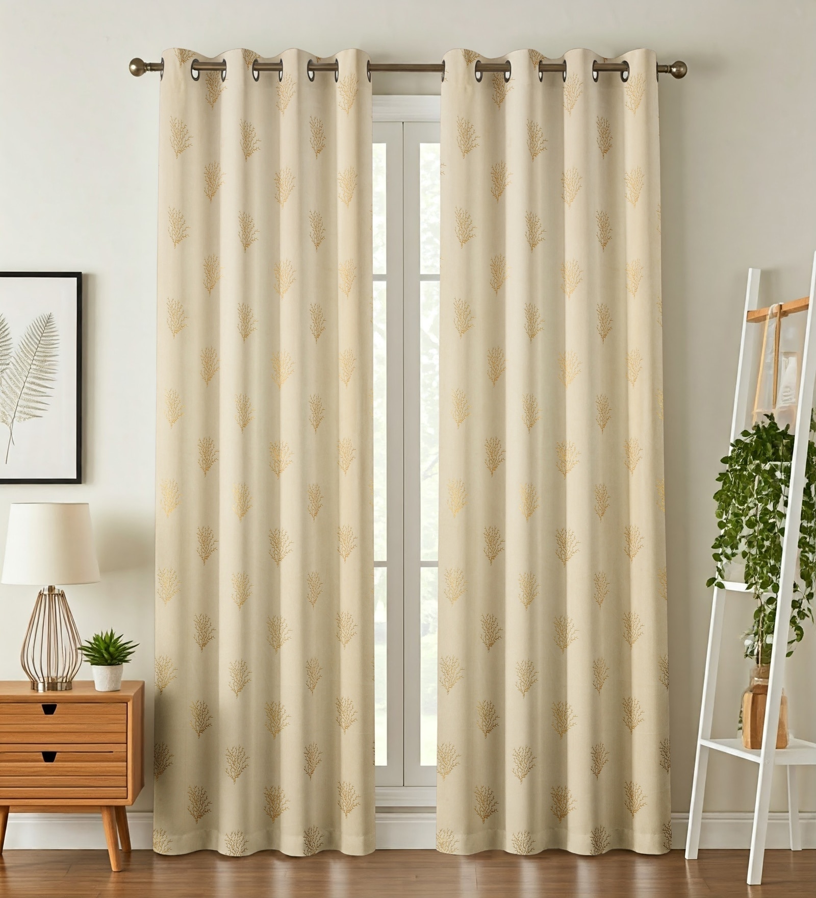 Cream Velvet Coral Branch Print  9 Foot Ring Top Door Curtains Set Of 2