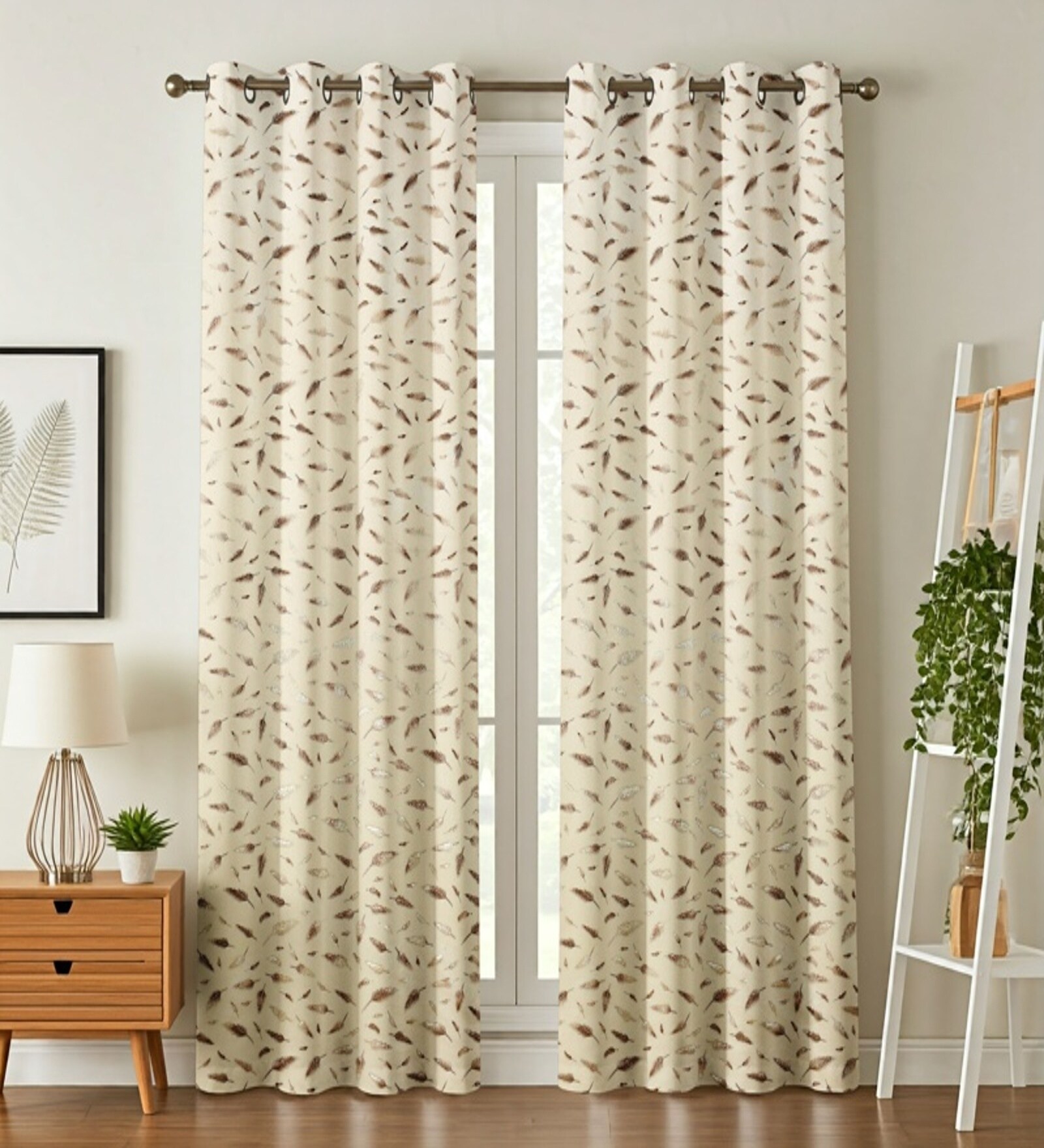 Cream Velvet Feather 7Ft Ring Top Door Curtains Pack of  2