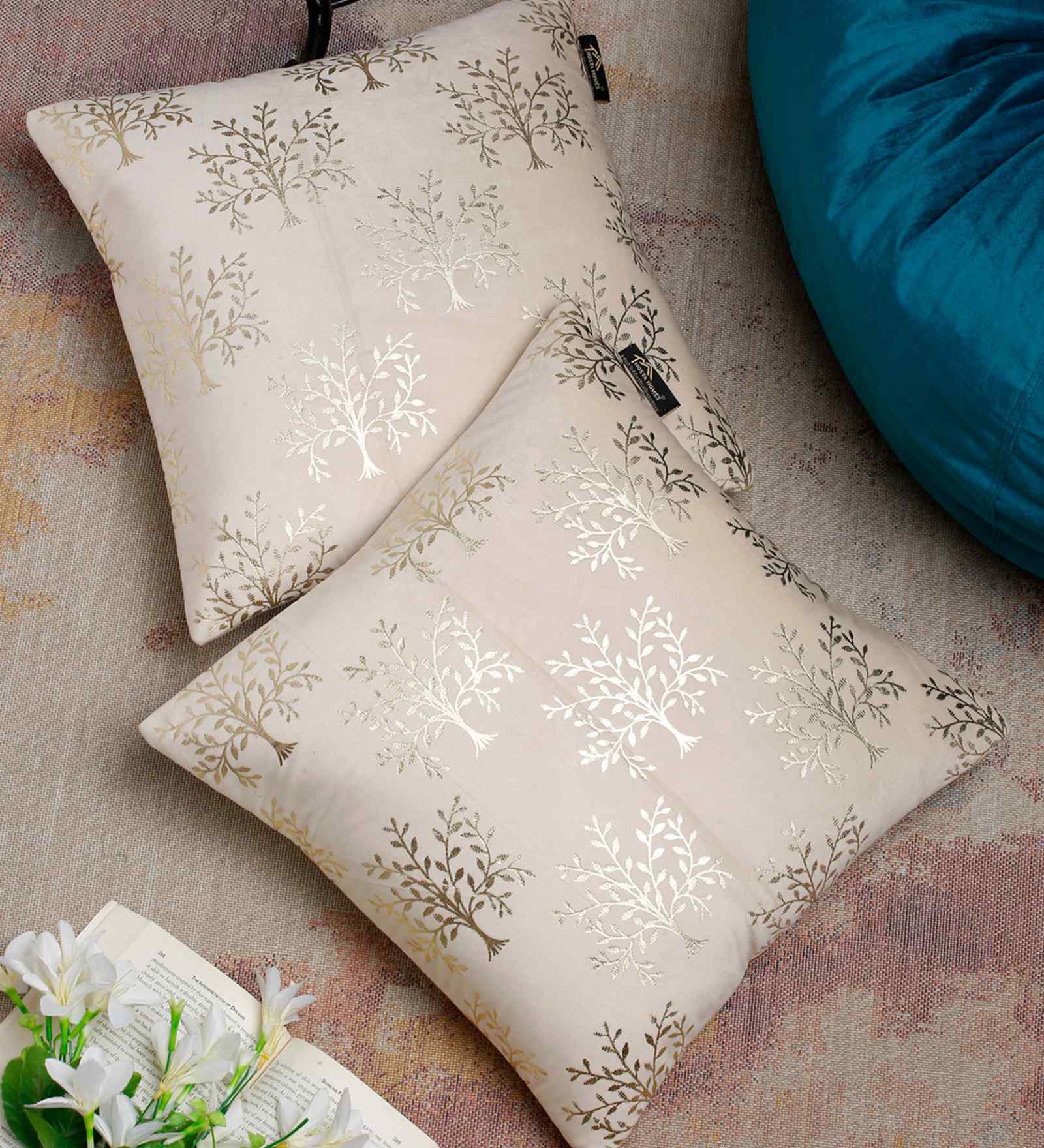 Cream Velvet Floral 16X16 Inches Cushion Covers (Pack of 2)
