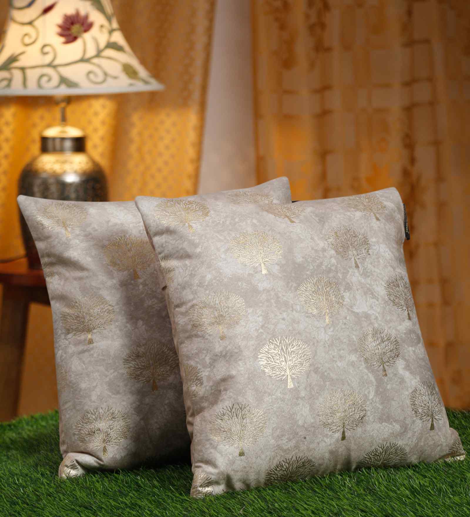 Cream Velvet Floral 16X16 Inches Cushion Covers (Pack of 2)