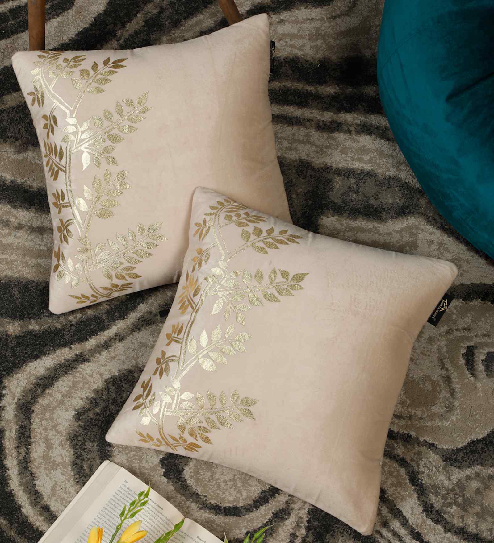 Cream Velvet Floral 16X16 Inches Cushion Covers (Pack of 2)