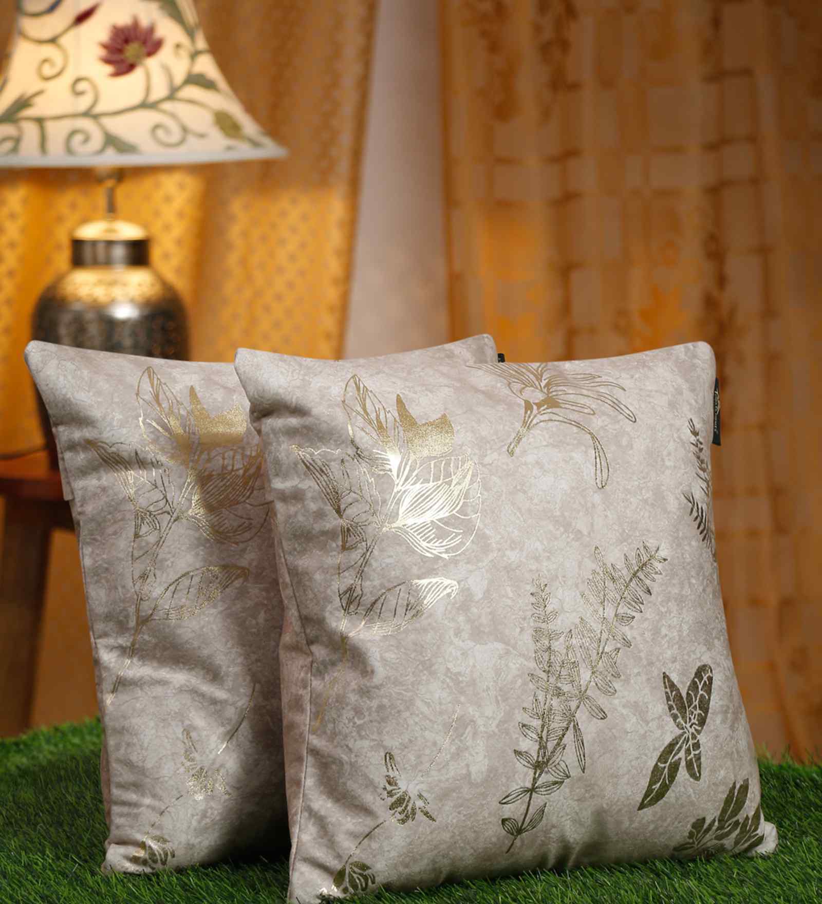 Cream Velvet Floral 16X16 Inches Cushion Covers (Pack of 2)