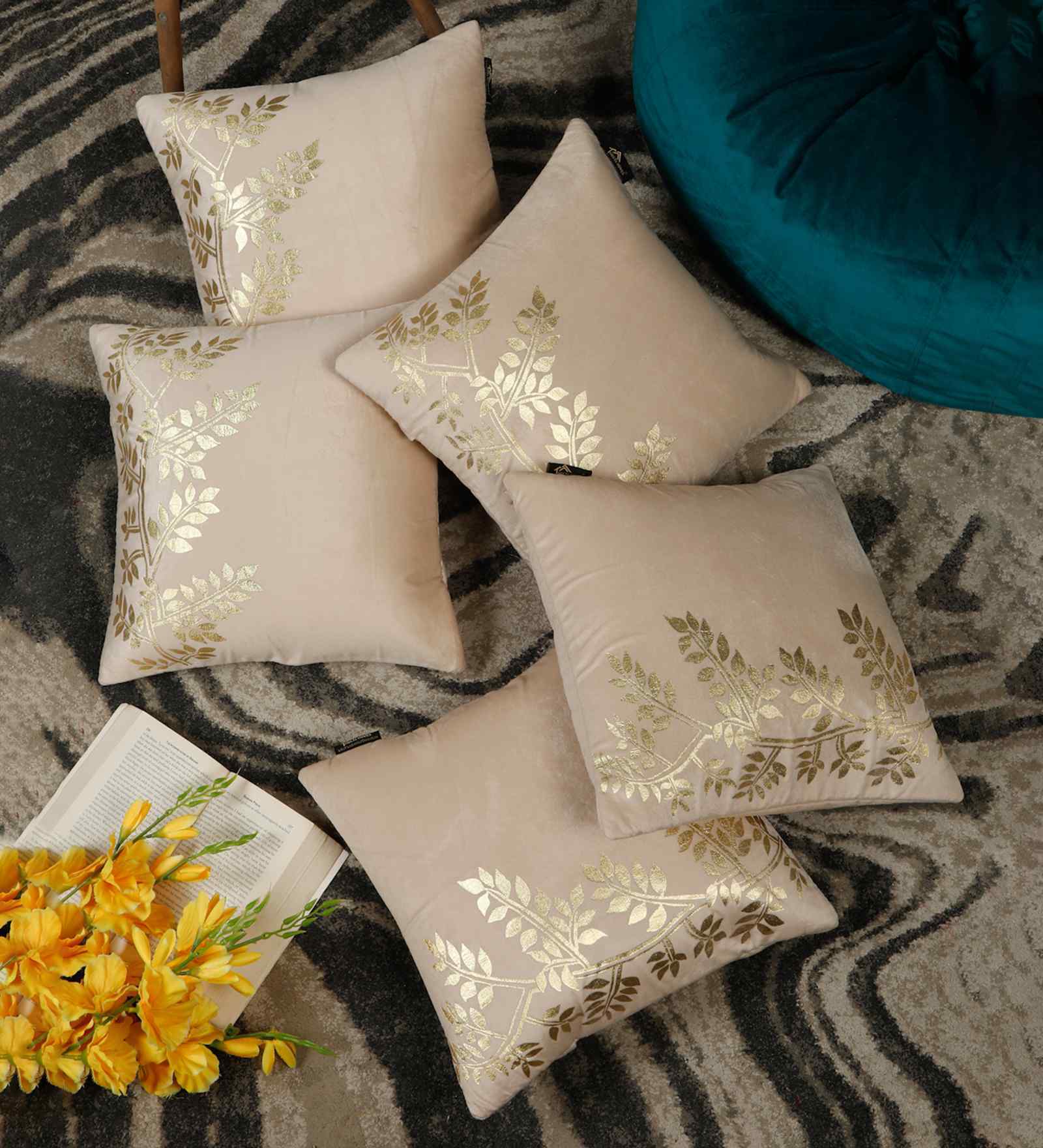Cream Velvet Floral 16X16 Inches Cushion Covers (Pack of 5)