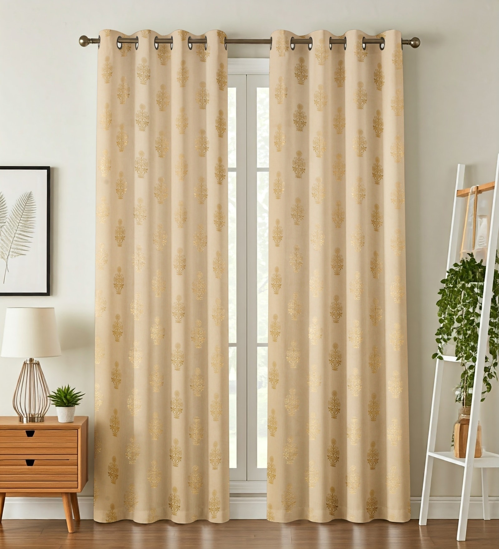 Cream Velvet Floral 5 Foot Ring Top Window Curtain