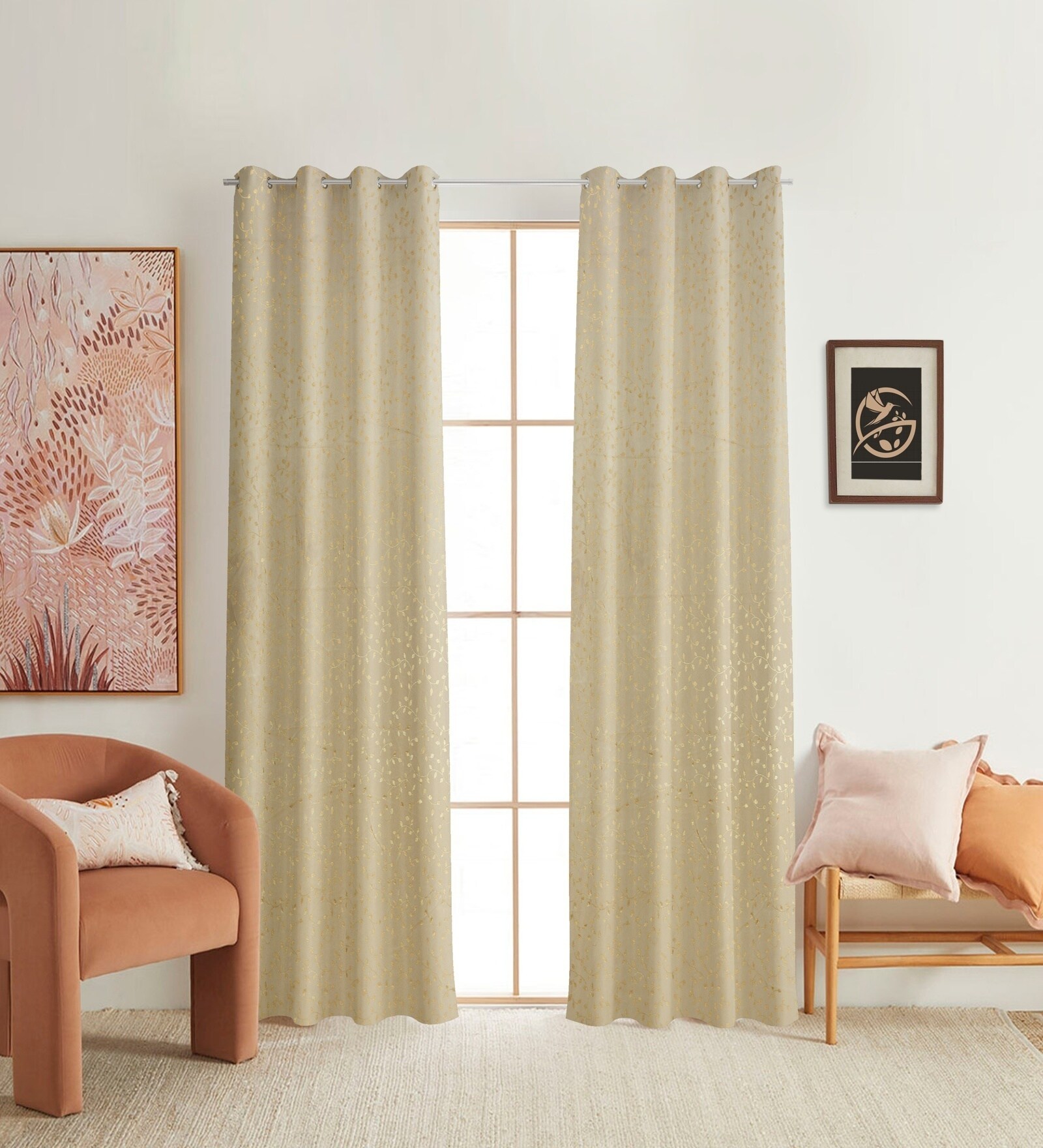 Cream Velvet Floral 5 Foot Ring Top Window Curtain