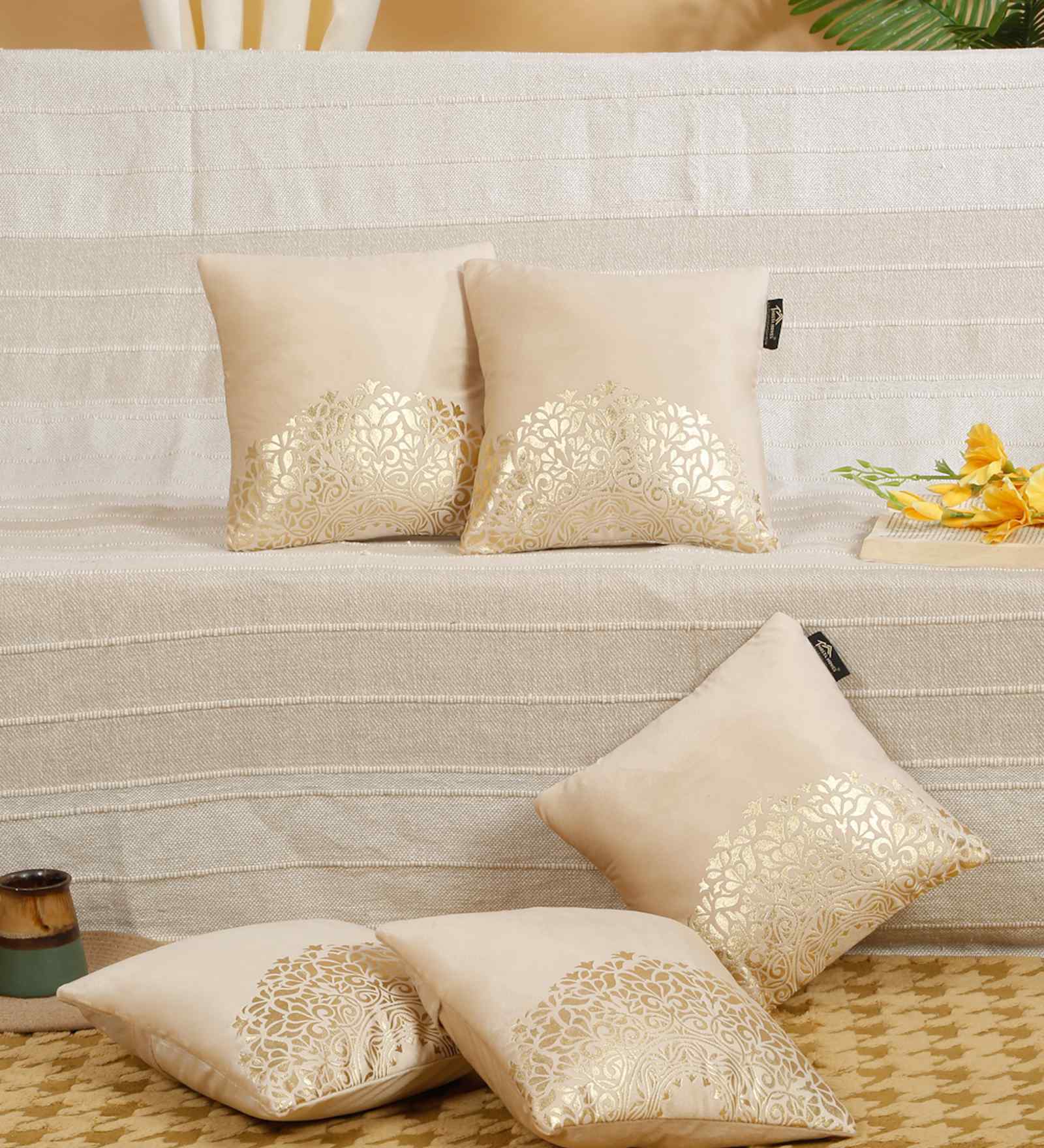 Cream Velvet Geometric 12X12 Inches Cushion Covers (Pack of 5)