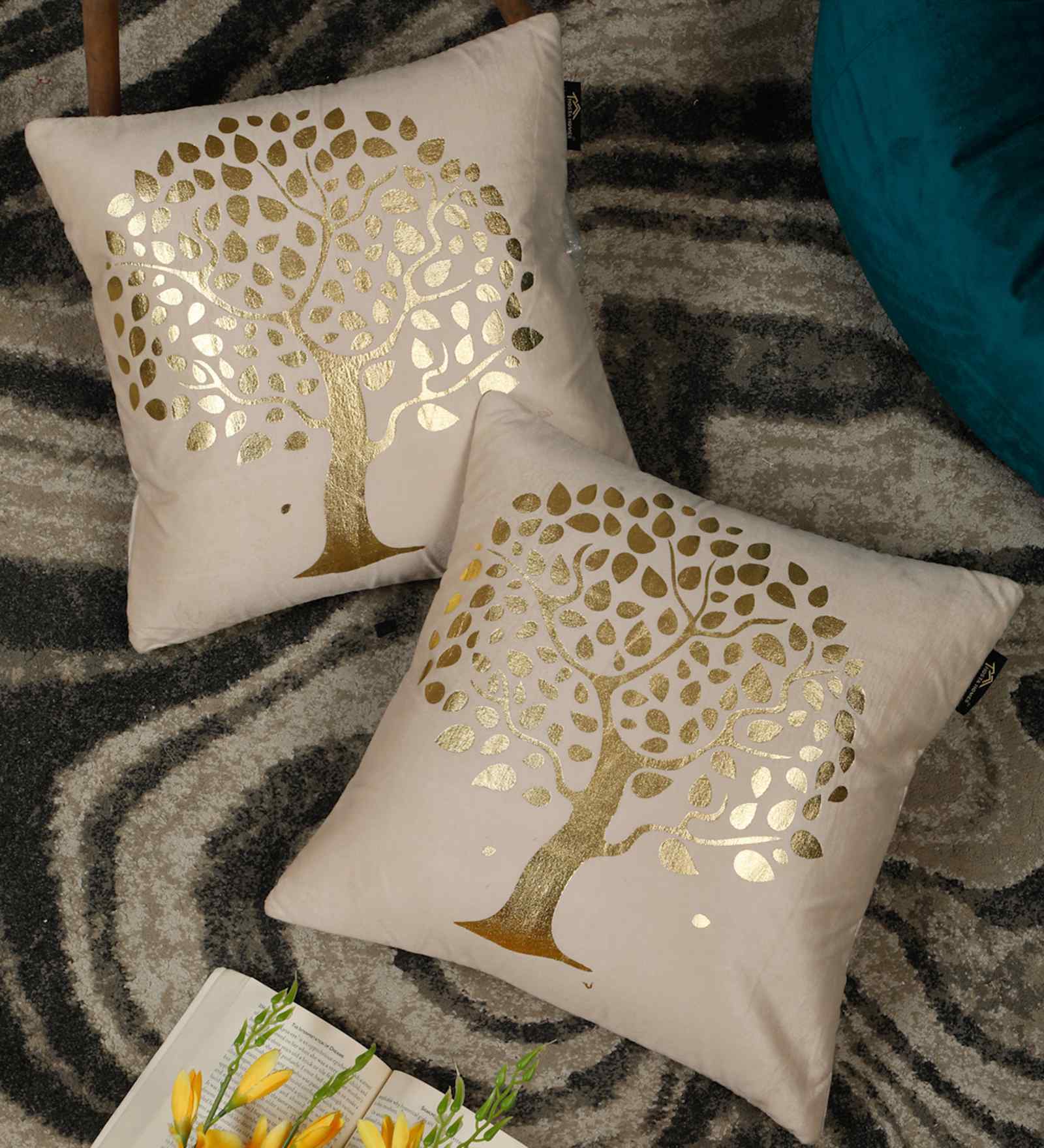 Cream Velvet Geometric 16X16 Inches Cushion Covers (Pack of 2)