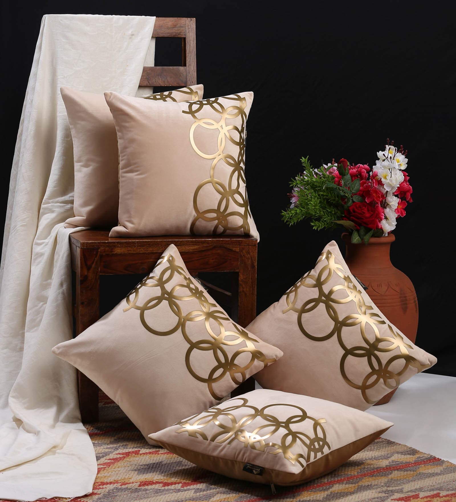 Cream Geometric Velvet 16 x 16 Inches Cushion Covers (Set of 5)