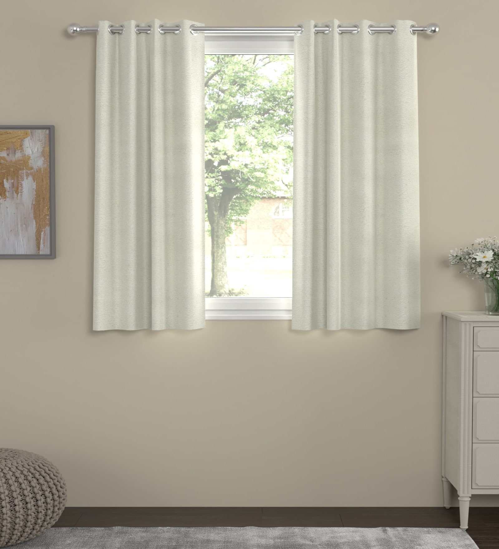 Cream Velvet Solid 5ft Regular Eyelet Window Curtains (2 Pc)