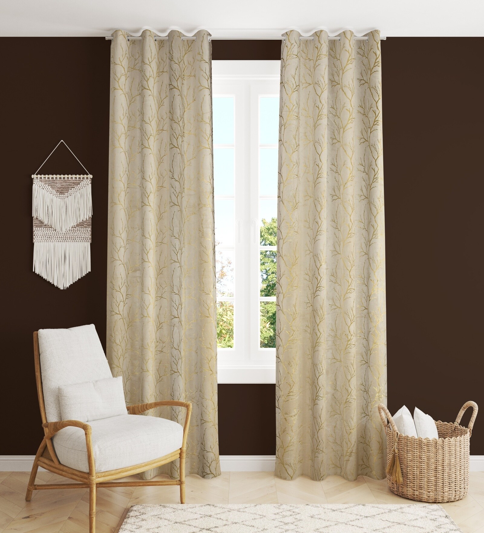 Cream Velvet Tree Branch  9 Foot Ring Top Door Curtain