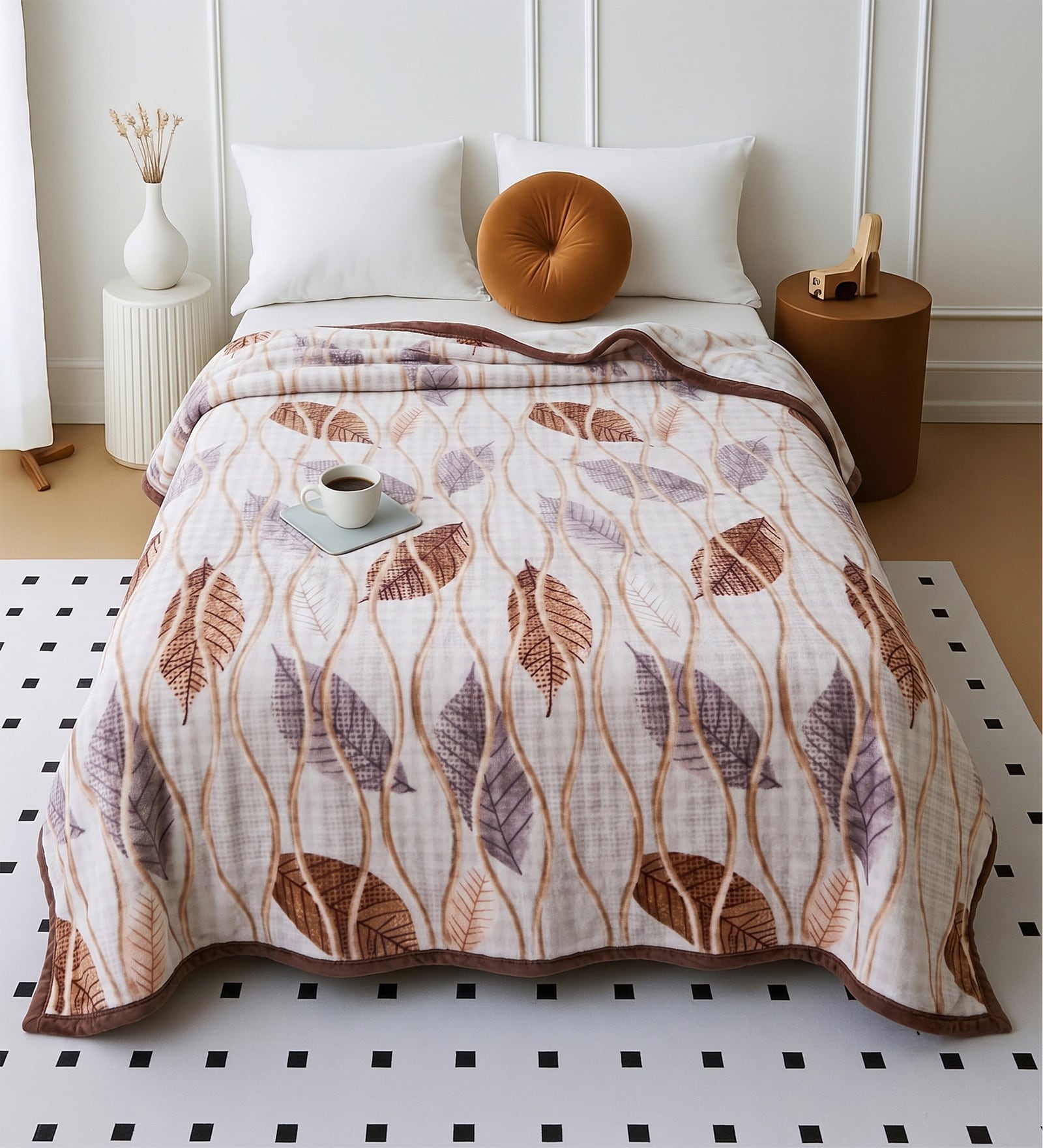 Brown Wool Floral 350 GSM Premium Double bed blanket