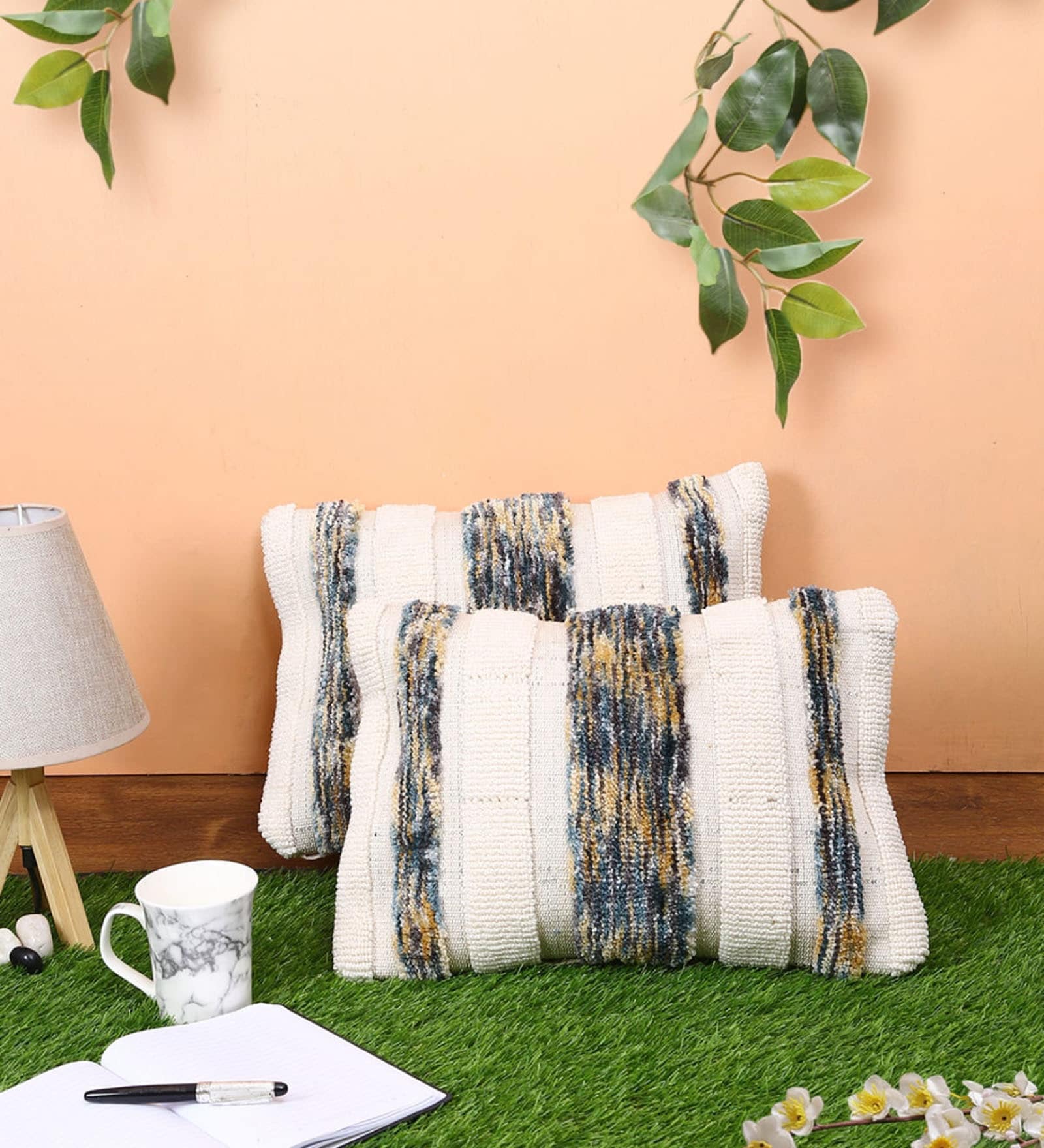 Cream Wool Tufted Striped 30x46 inches Cushion Covers Set of 2