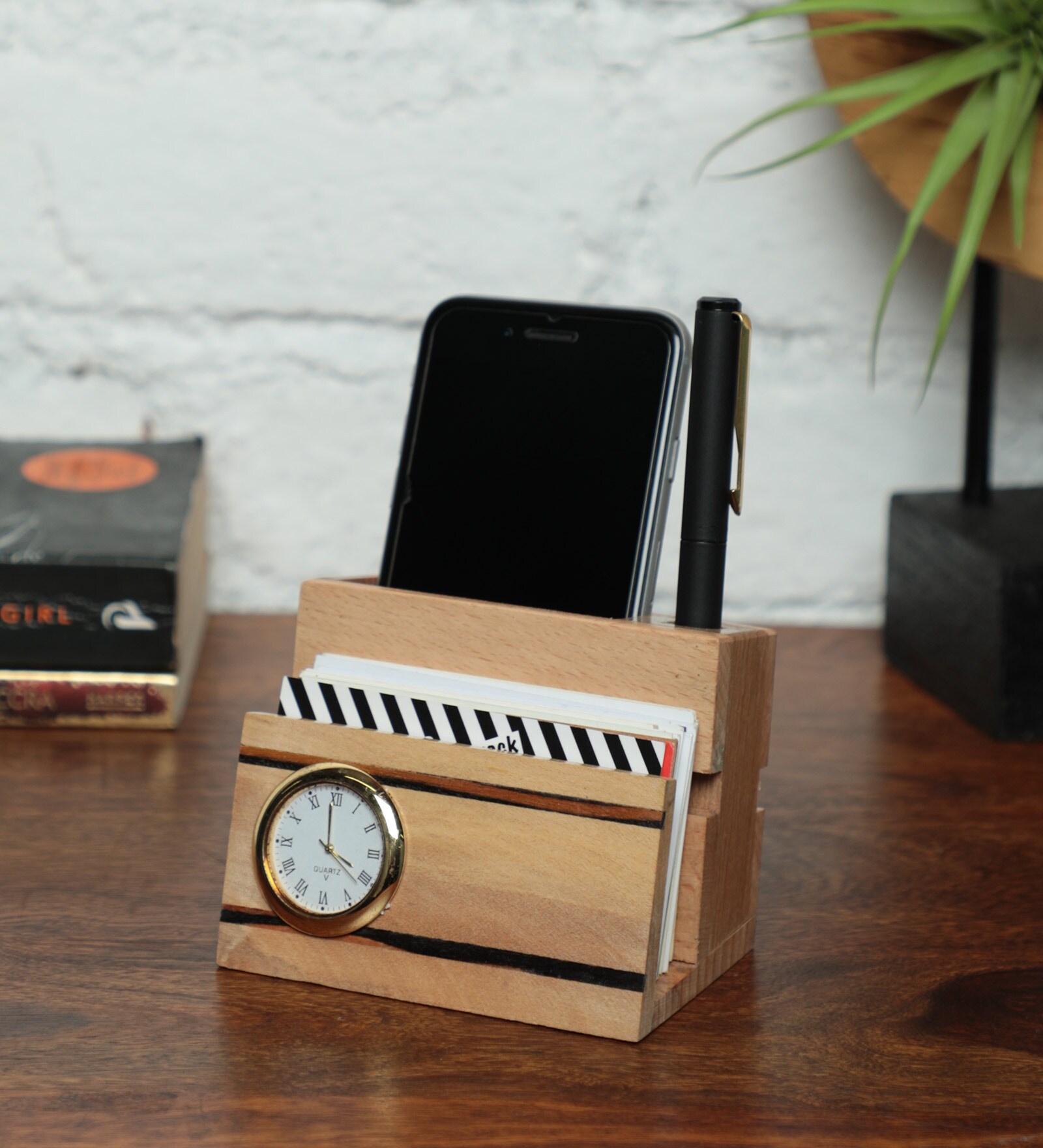 Creame Small Wood Pen Stand with Clock