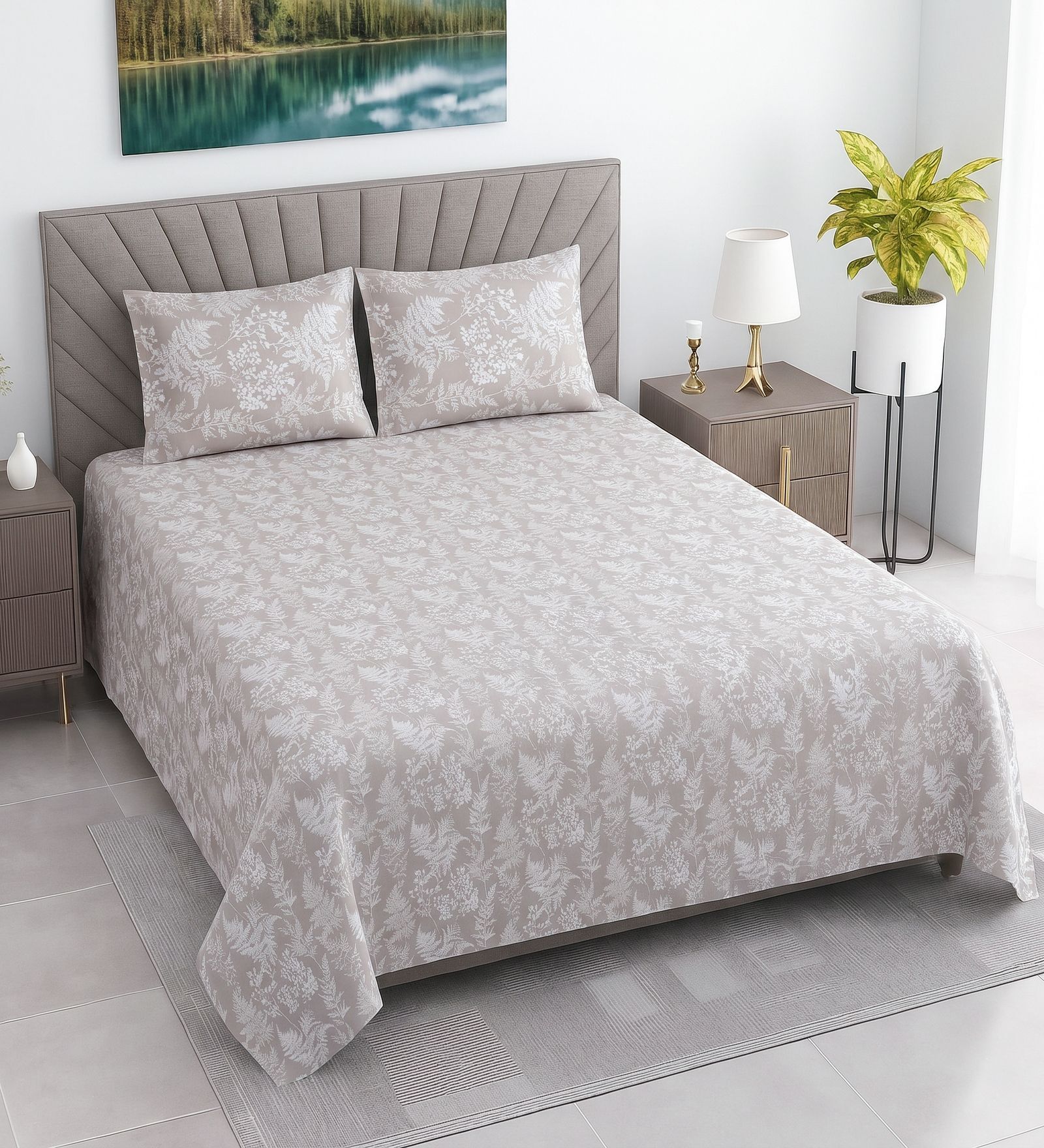 Creamy Beige Floral 400 TC Cotton Queen Size Flat Bedsheet With 2 Pillow Covers