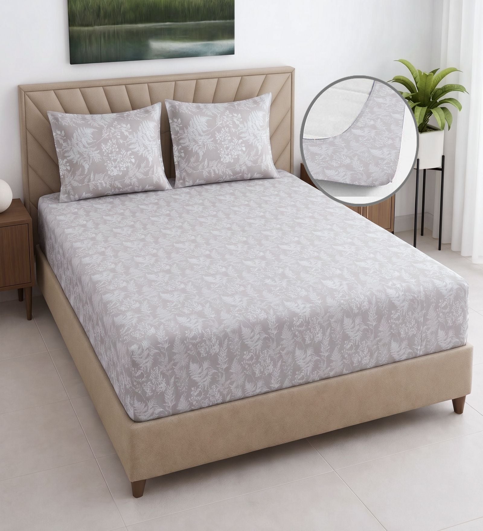 Creamy Beige Floral 400 TC Cotton Superking Size Fitted Bedsheet With 2 Pillow Covers