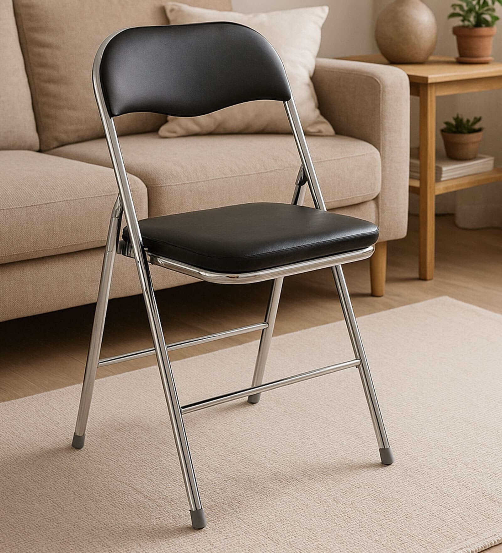 Chrome Foldable Chair with Padded seat In Black Color