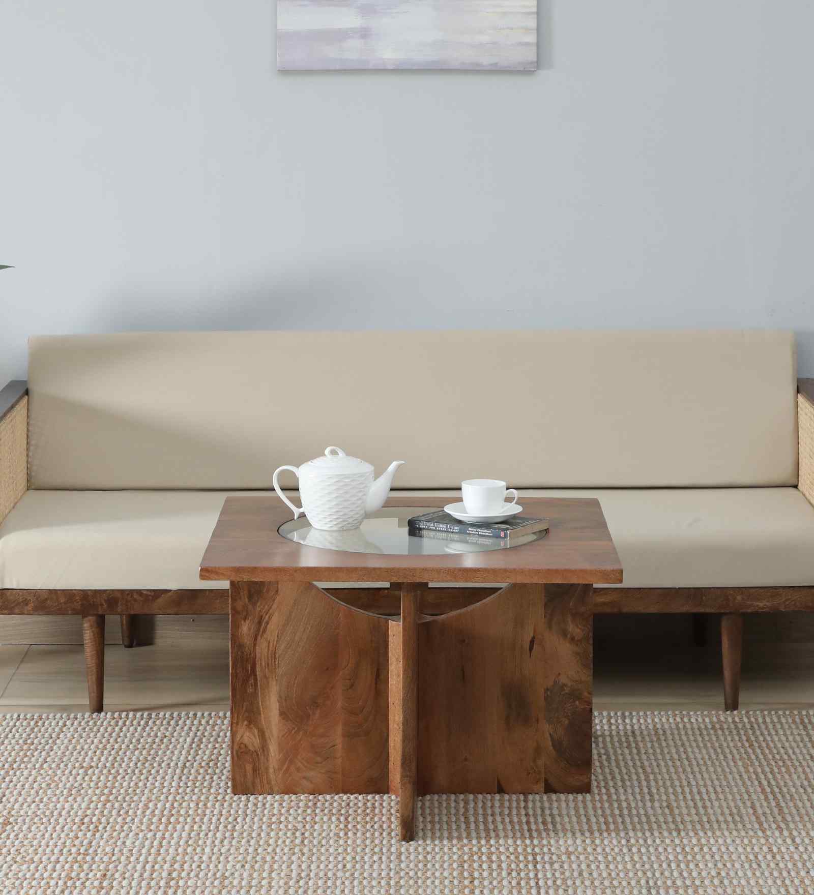 Creil Mango Wood Coffee Table In Rustic Teak Finish With Glass Top
