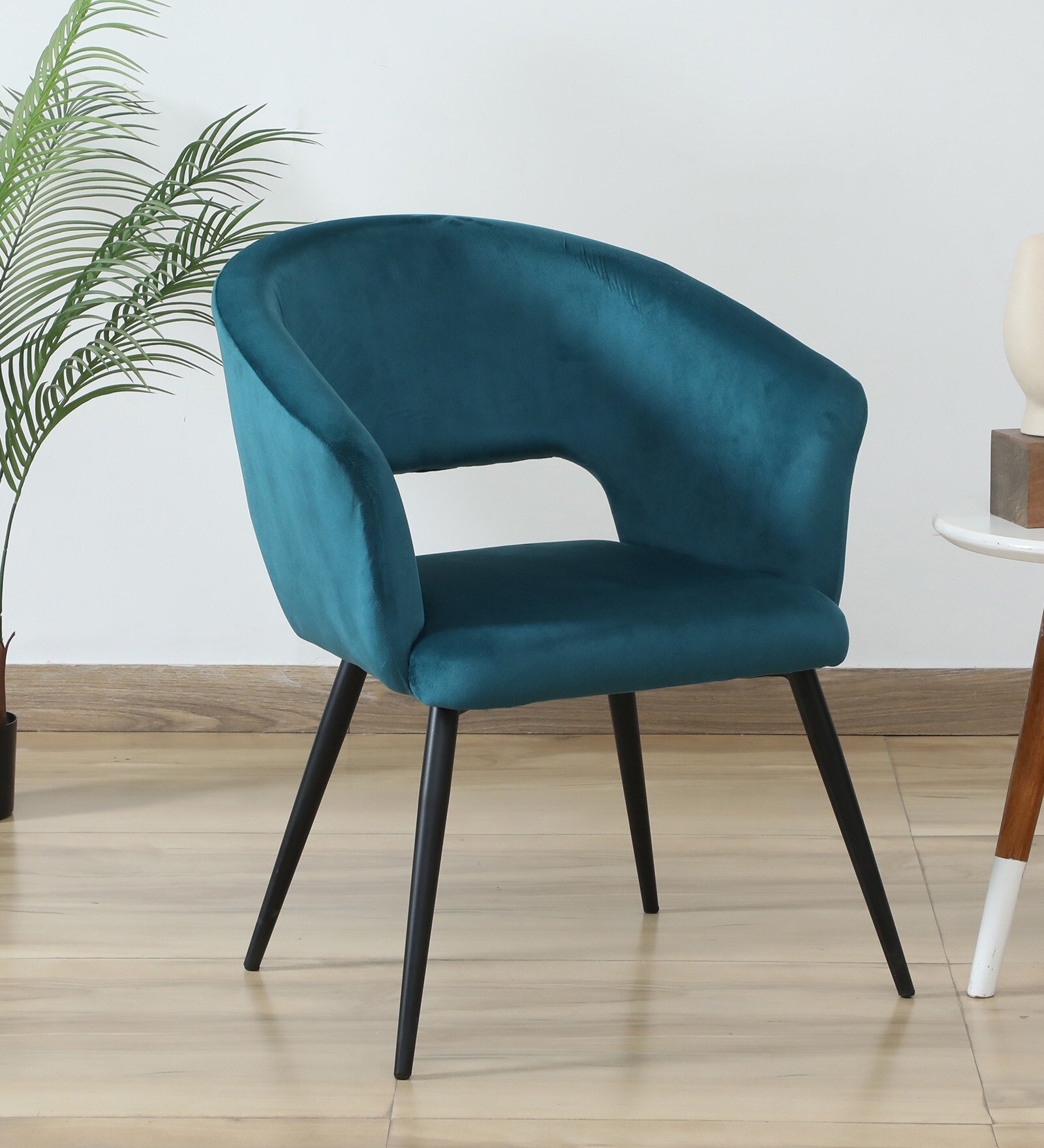 Crescencia Arm Chair In Teal Velvet Fabric With Black Powder Coated Base