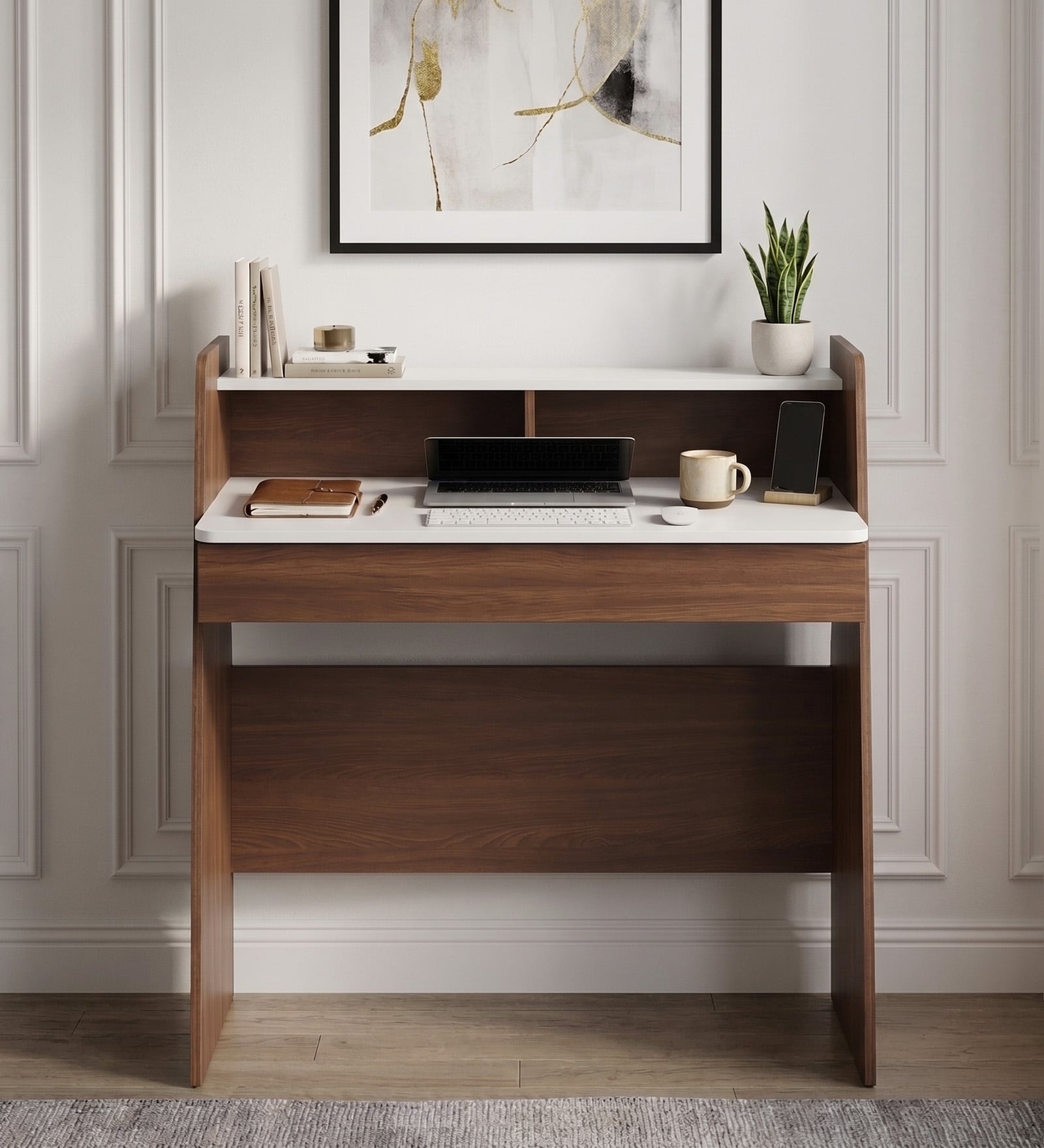 Crescendo Study Table In Planked Walnut and White Finish Crescendo Study Table In Planked Walnut and White Finish