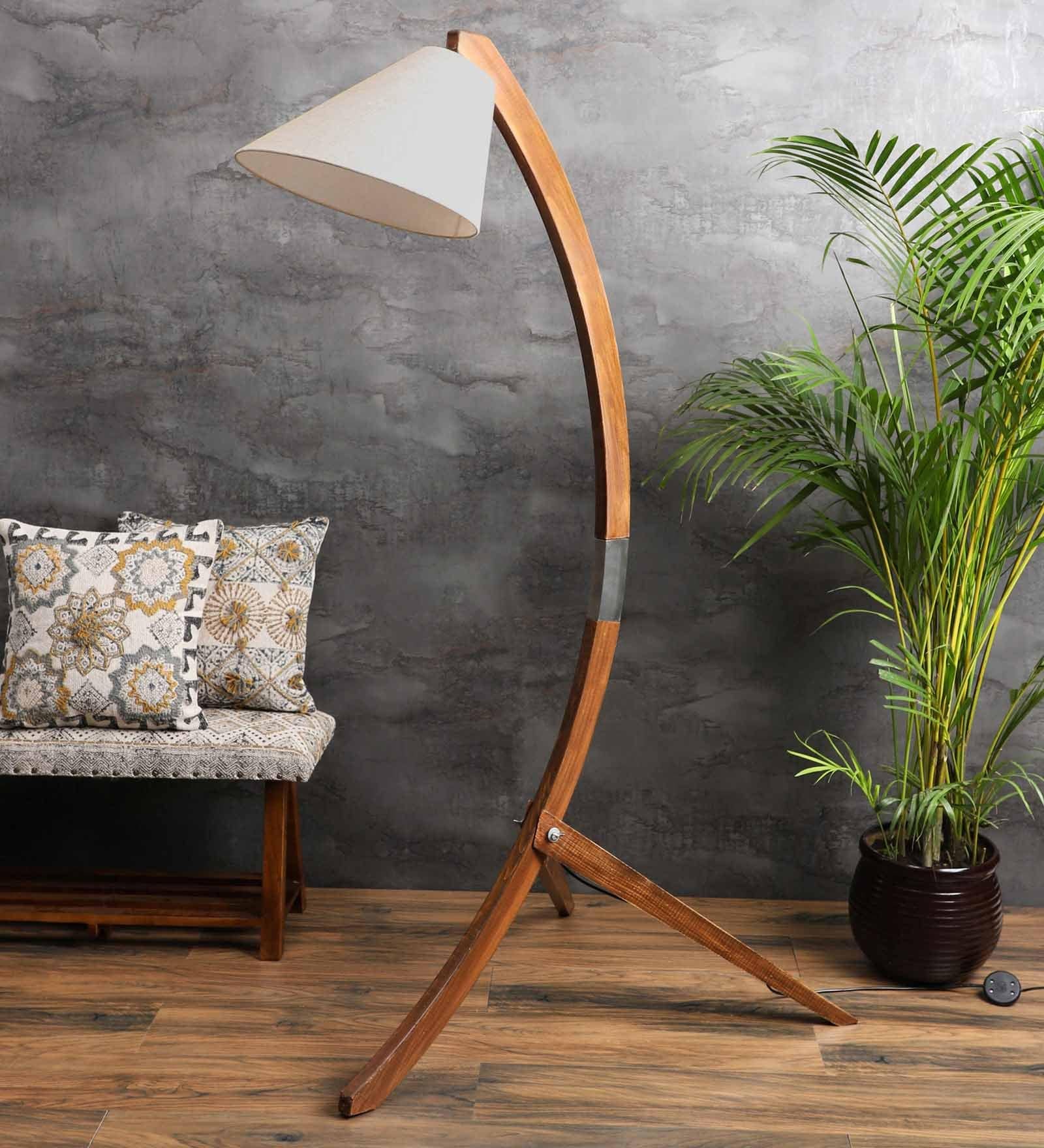 Crescent Beige Khadi Shade Novelty Floor Lamp With Wood Base