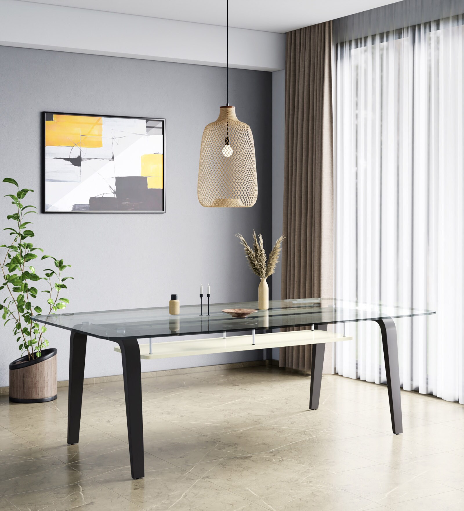 Crescent Glass Top 8 Seater Dining Table in Dark Chocolate Colour