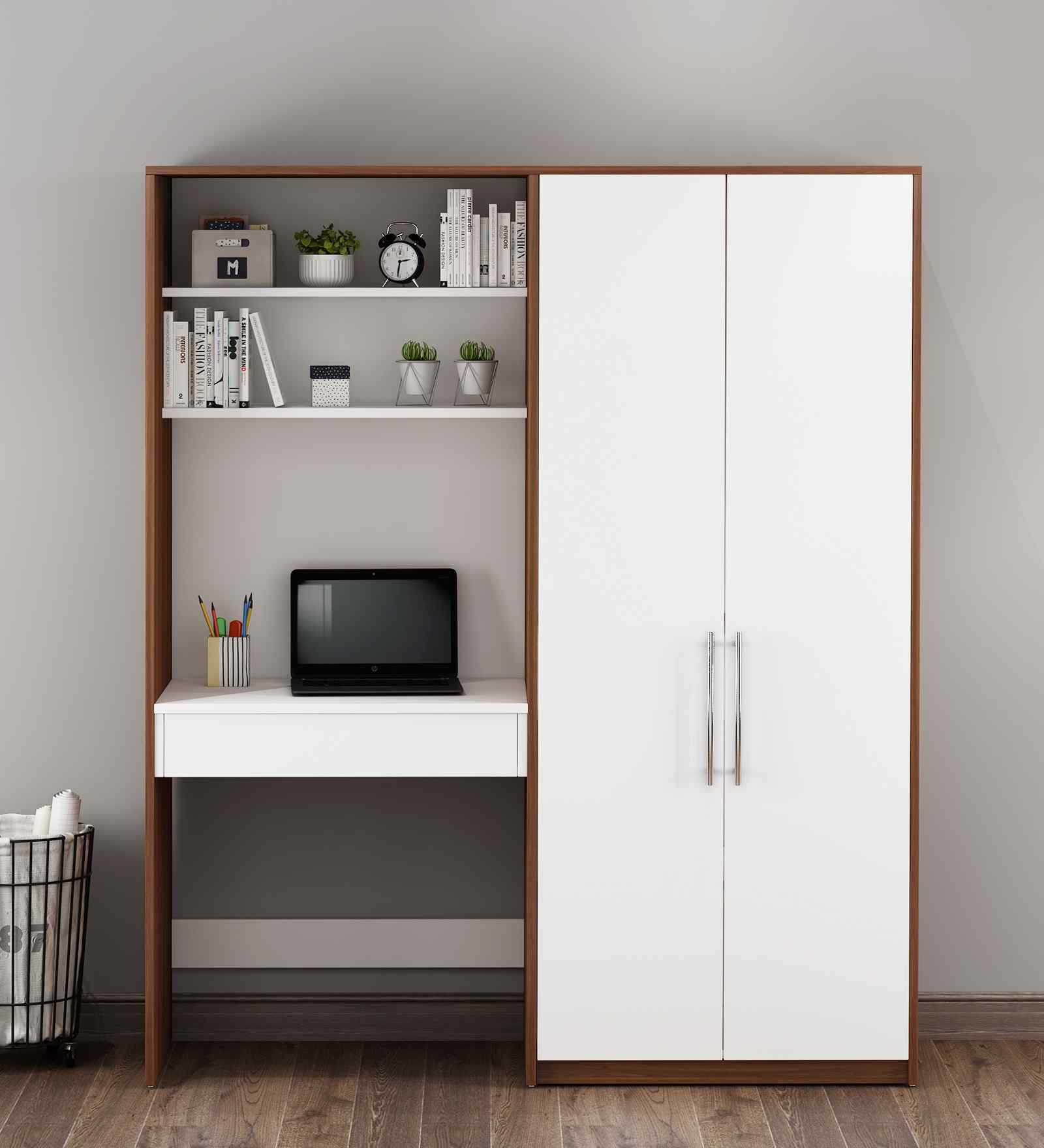 Crest Hutch Desk Cum Wardrobe In Walnut and Frosty White Finish