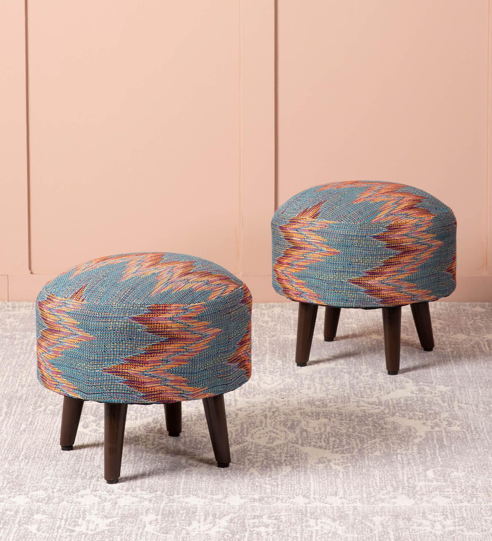 Crest Jacquard Seating Stools in Blue Color with (Set of 2)