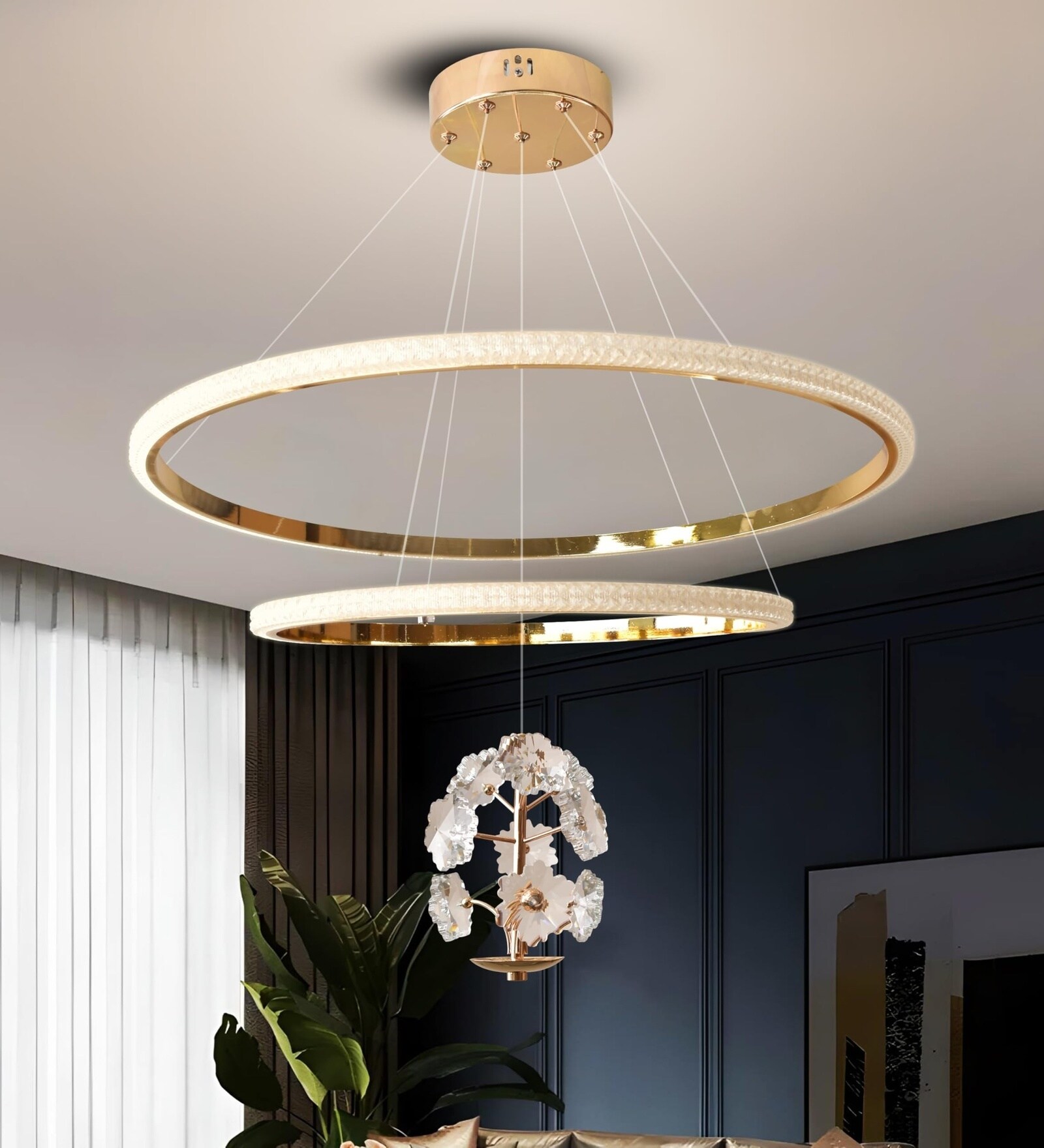 Crewt 50W | 60 Cm | Google & Alexa | Height Adjustable | 3 Light Mode | Modern LED Ceiling Chandelier for Living Room, Dining, Bedroom, Hall, Kitchen, Office,Luxury Decorative Lighting