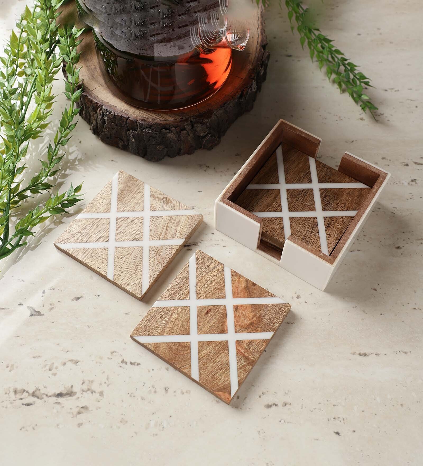 Criss Cross Brown & White MDF (Set of 5) Table Coaster