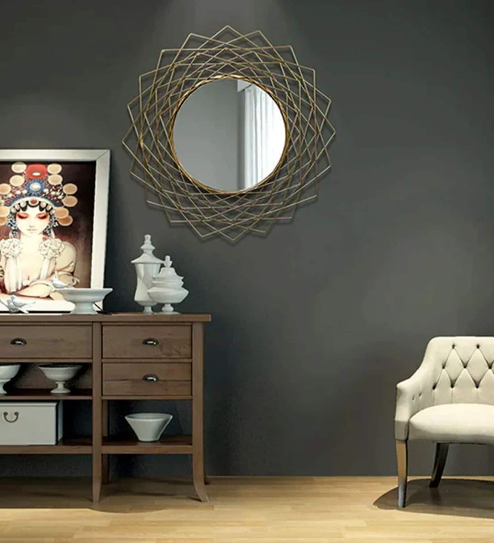 Grey Criss Cross Metal Wall Mirror