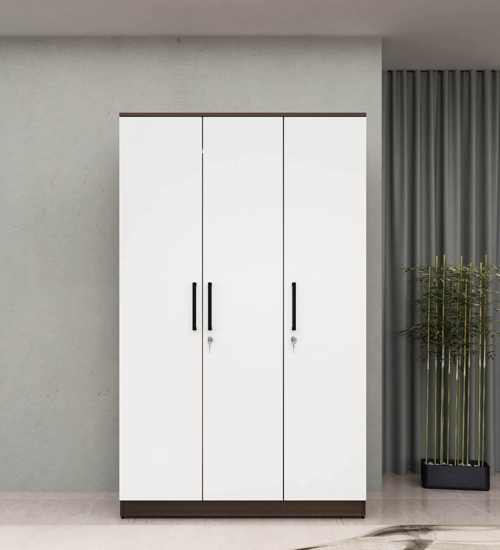 Sora 3 Door Wardrobe In Dark Elm & Frosty White Color With Drawer